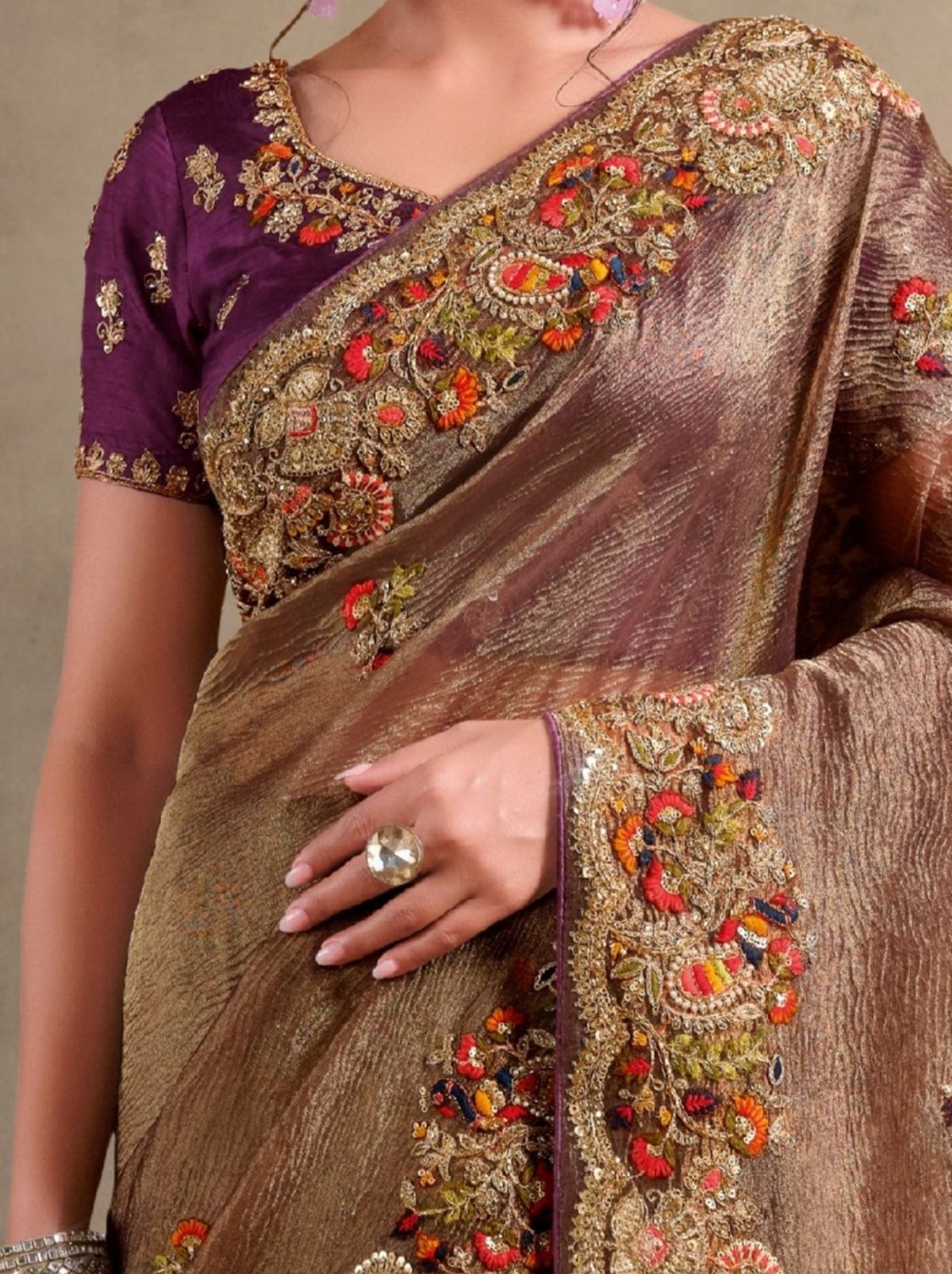 Peanut Brown Banarasi Crush Bridal Saree With Blouse Piece
