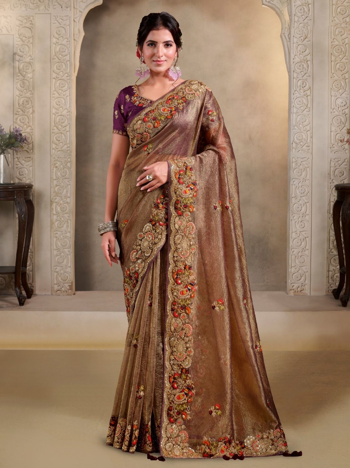 Peanut Brown Banarasi Crush Bridal Saree With Blouse Piece