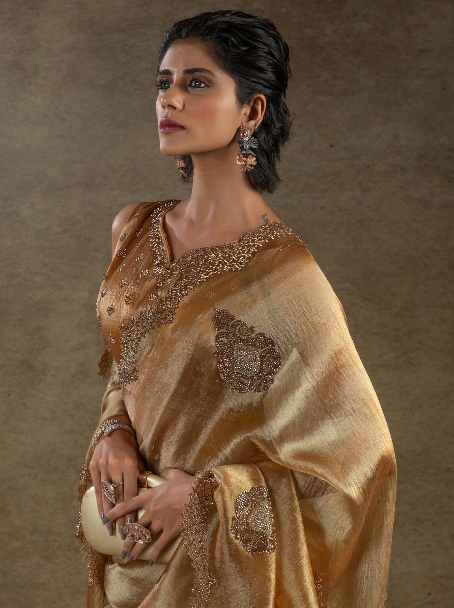 Bronze Designer Banarasi Silk Saree With Zircon Work - TrendOye