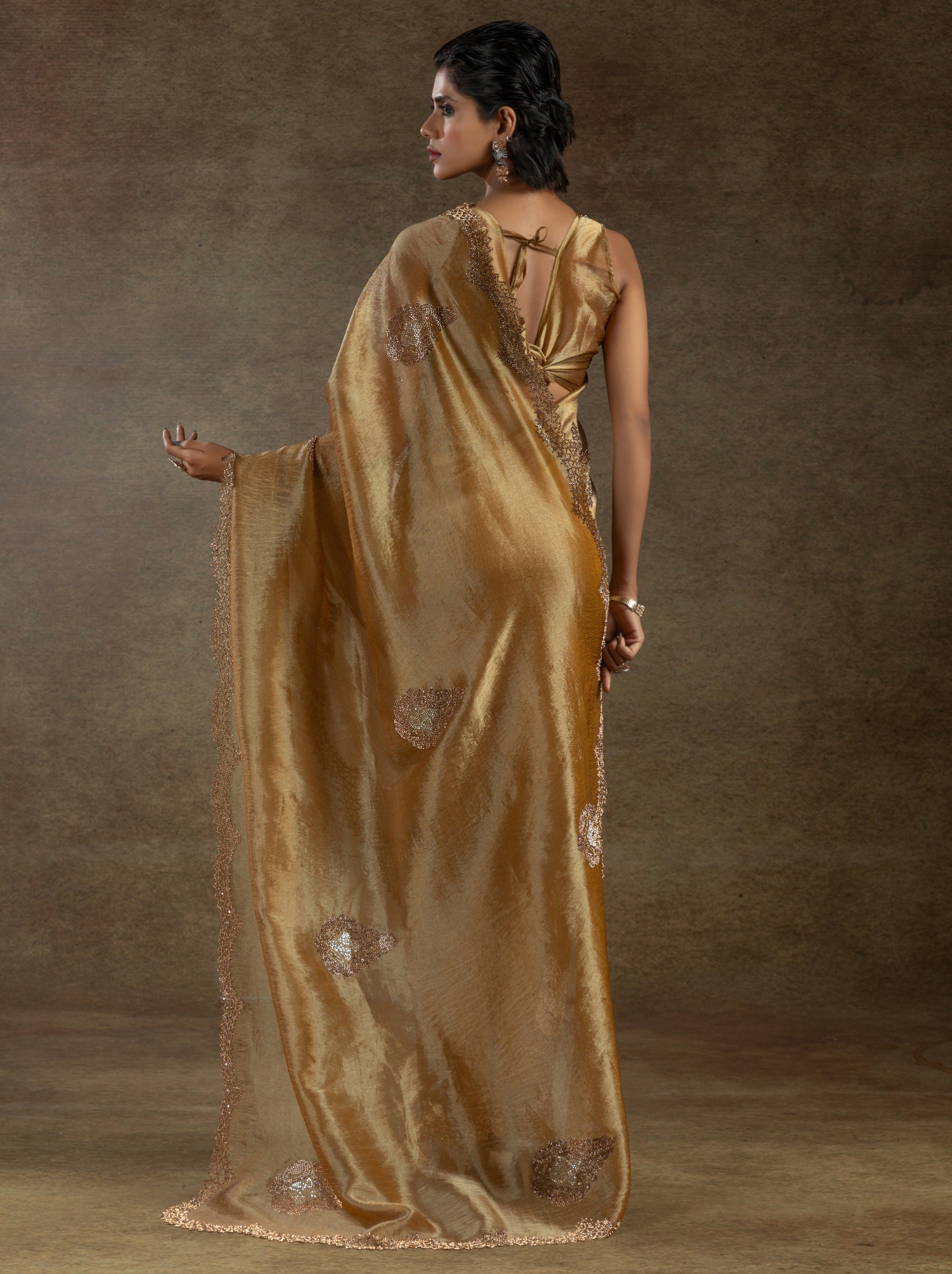 Bronze Designer Banarasi Silk Saree With Zircon Work - TrendOye