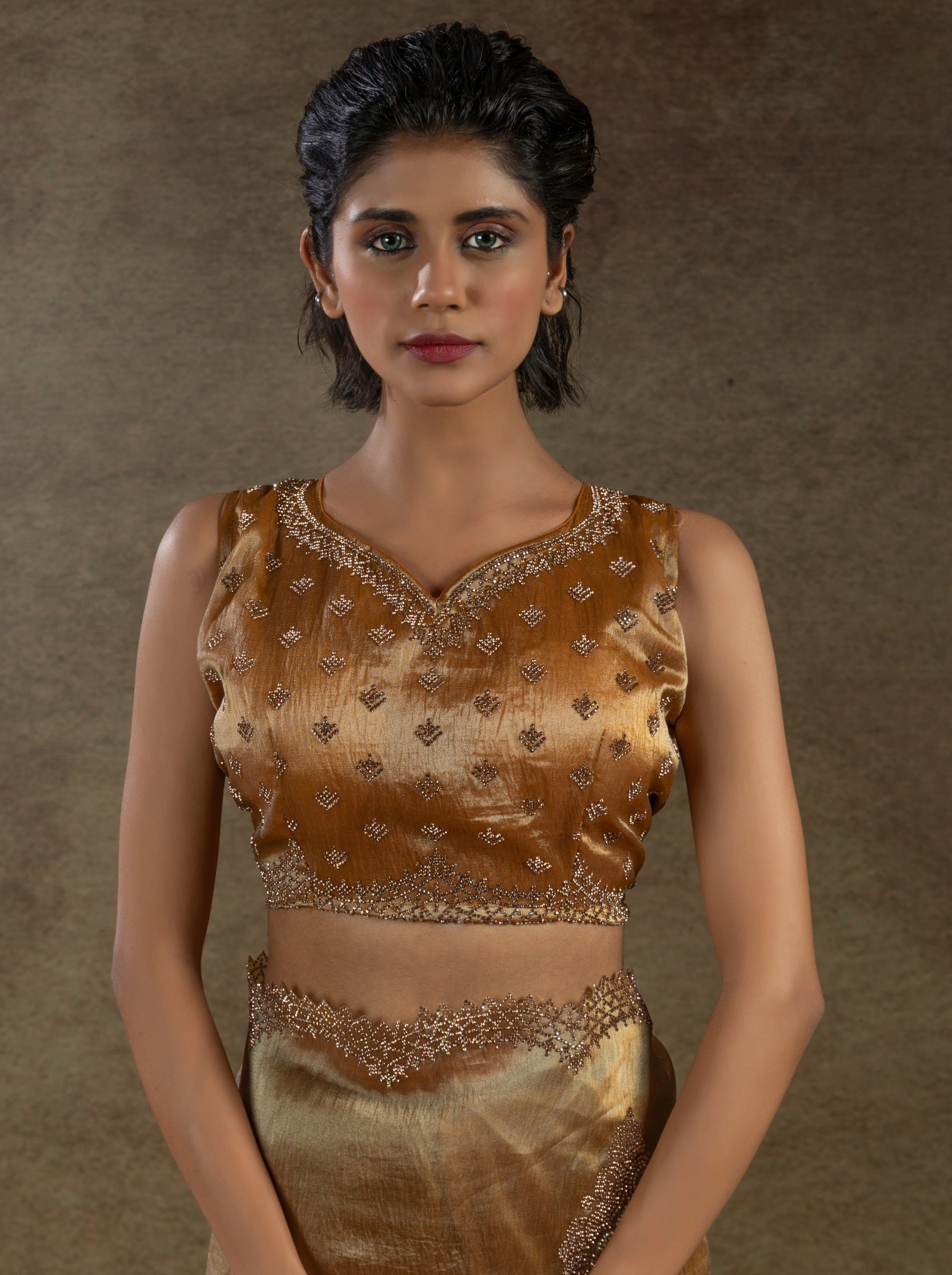 Bronze Designer Banarasi Silk Saree With Zircon Work - TrendOye