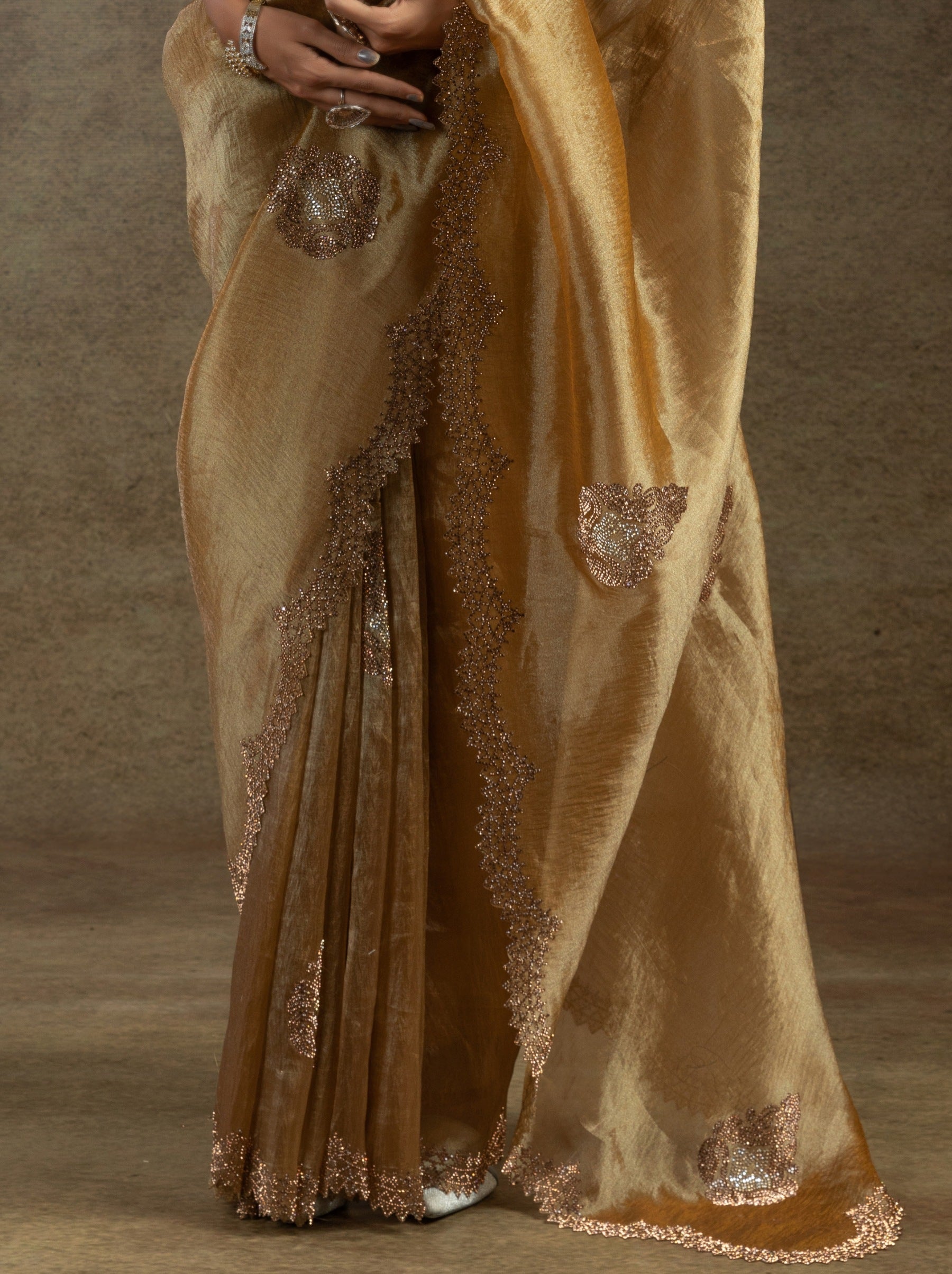Bronze Designer Banarasi Silk Saree With Zircon Work - TrendOye