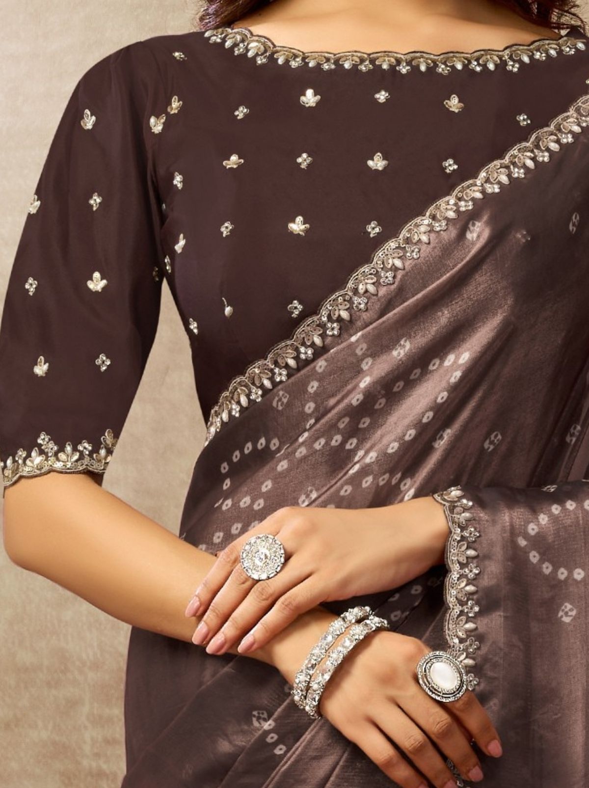 Walnut Brown Designer Two Tone Satin Silk Saree With Blouse Piece - TrendOye