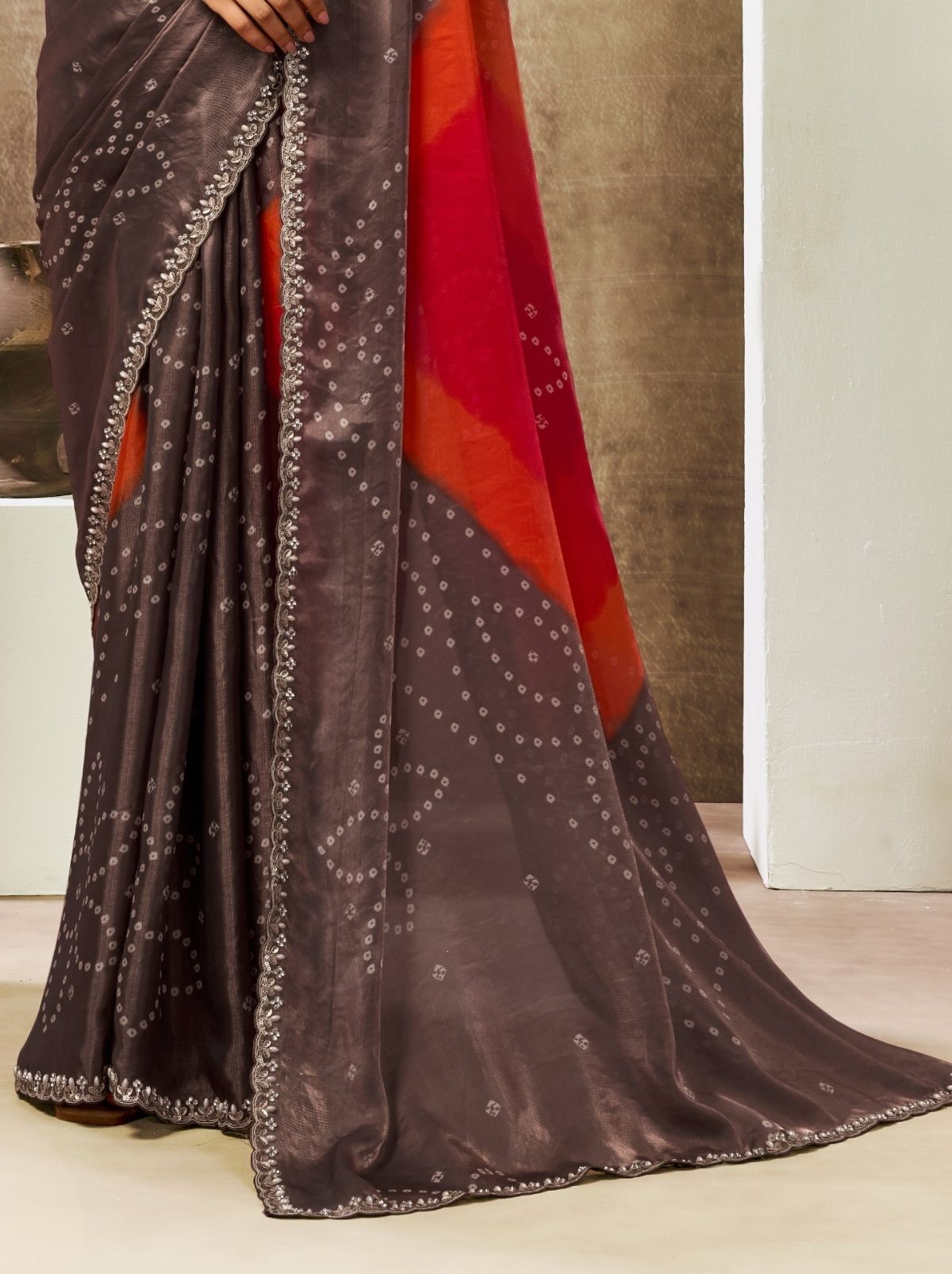 Walnut Brown Designer Two Tone Satin Silk Saree With Blouse Piece - TrendOye