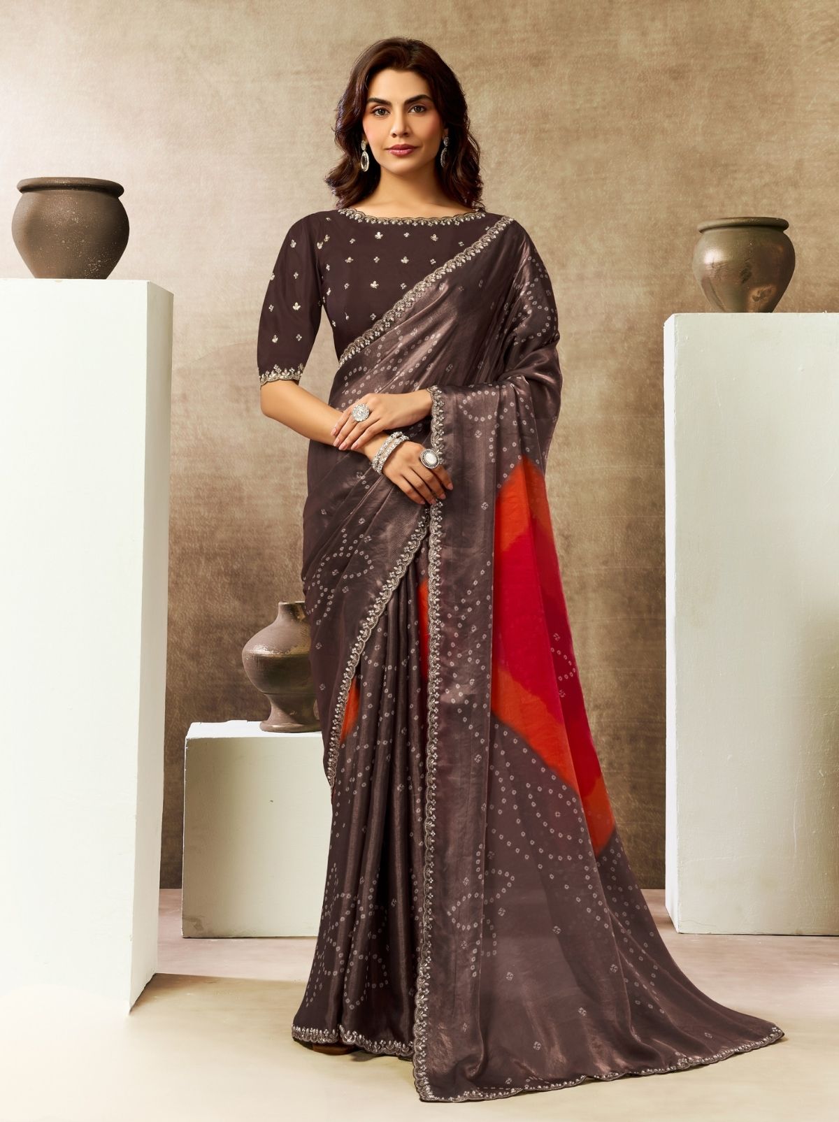 Walnut Brown Designer Two Tone Satin Silk Saree With Blouse Piece - TrendOye