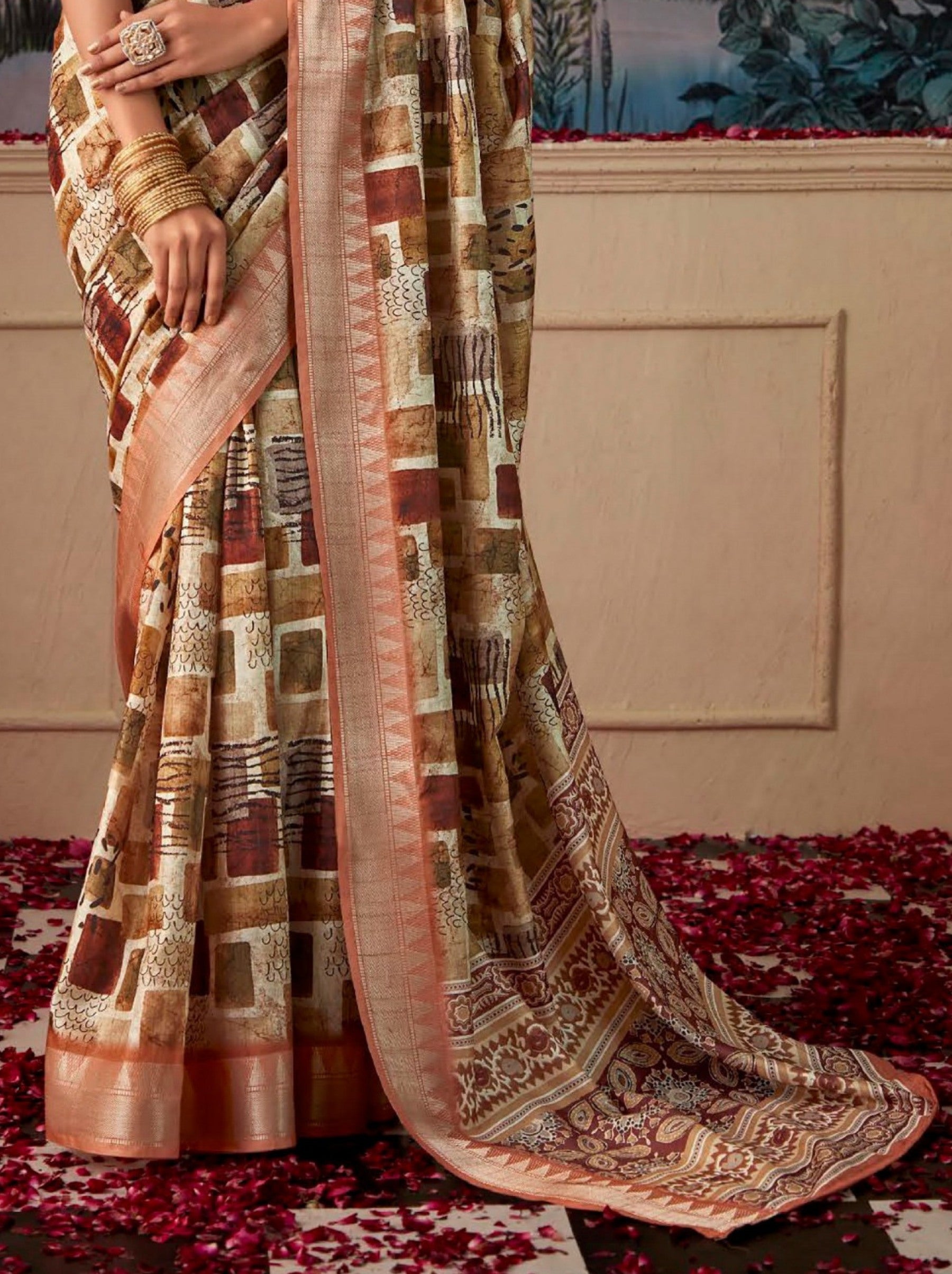 Pale Brown Fancy Digital Silk Festive Saree - TrendOye