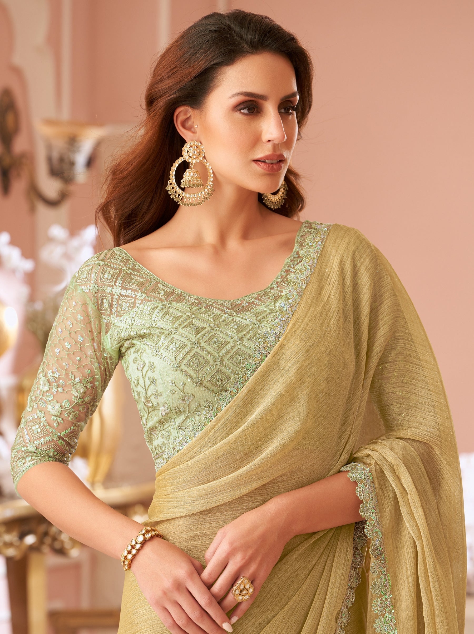 Camel Brown Premium Designer Party Saree - TrendOye