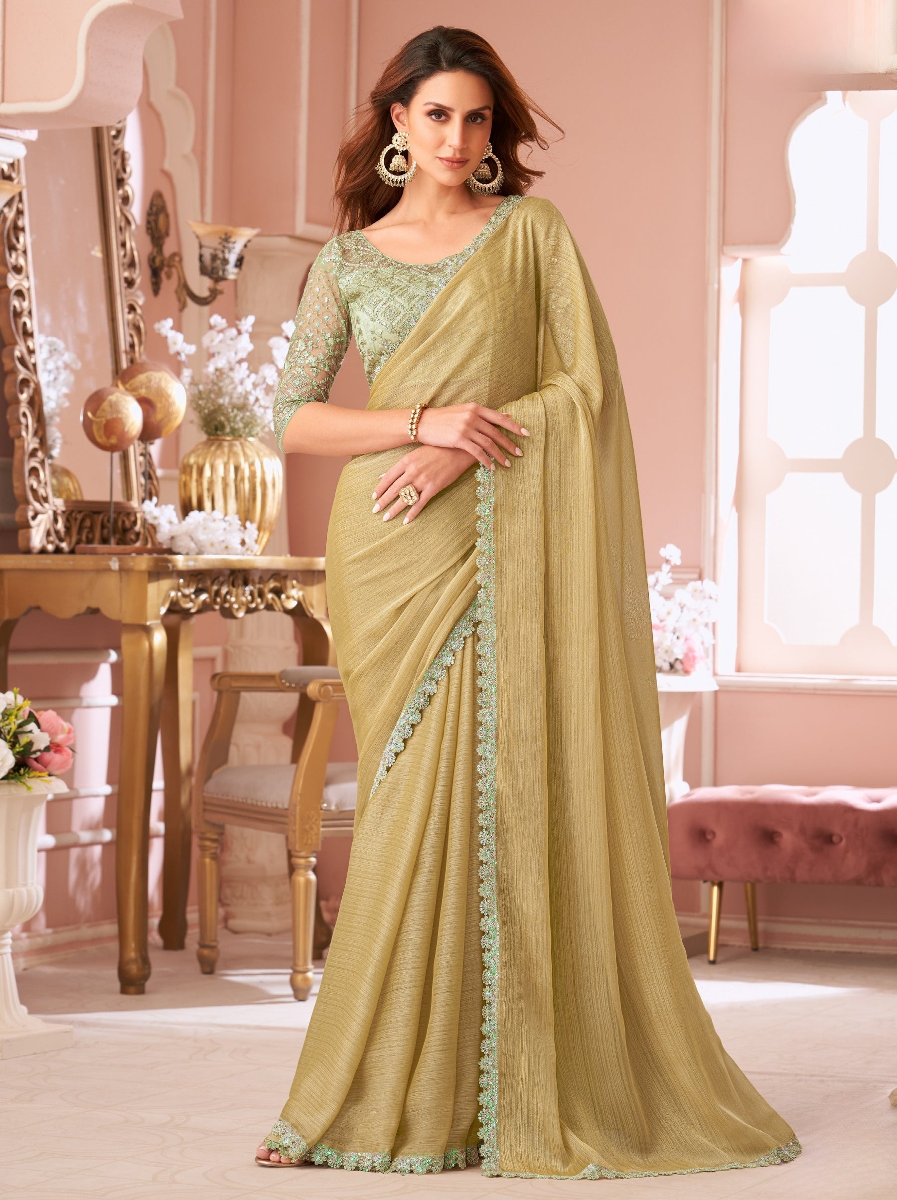 Camel Brown Premium Designer Party Saree - TrendOye