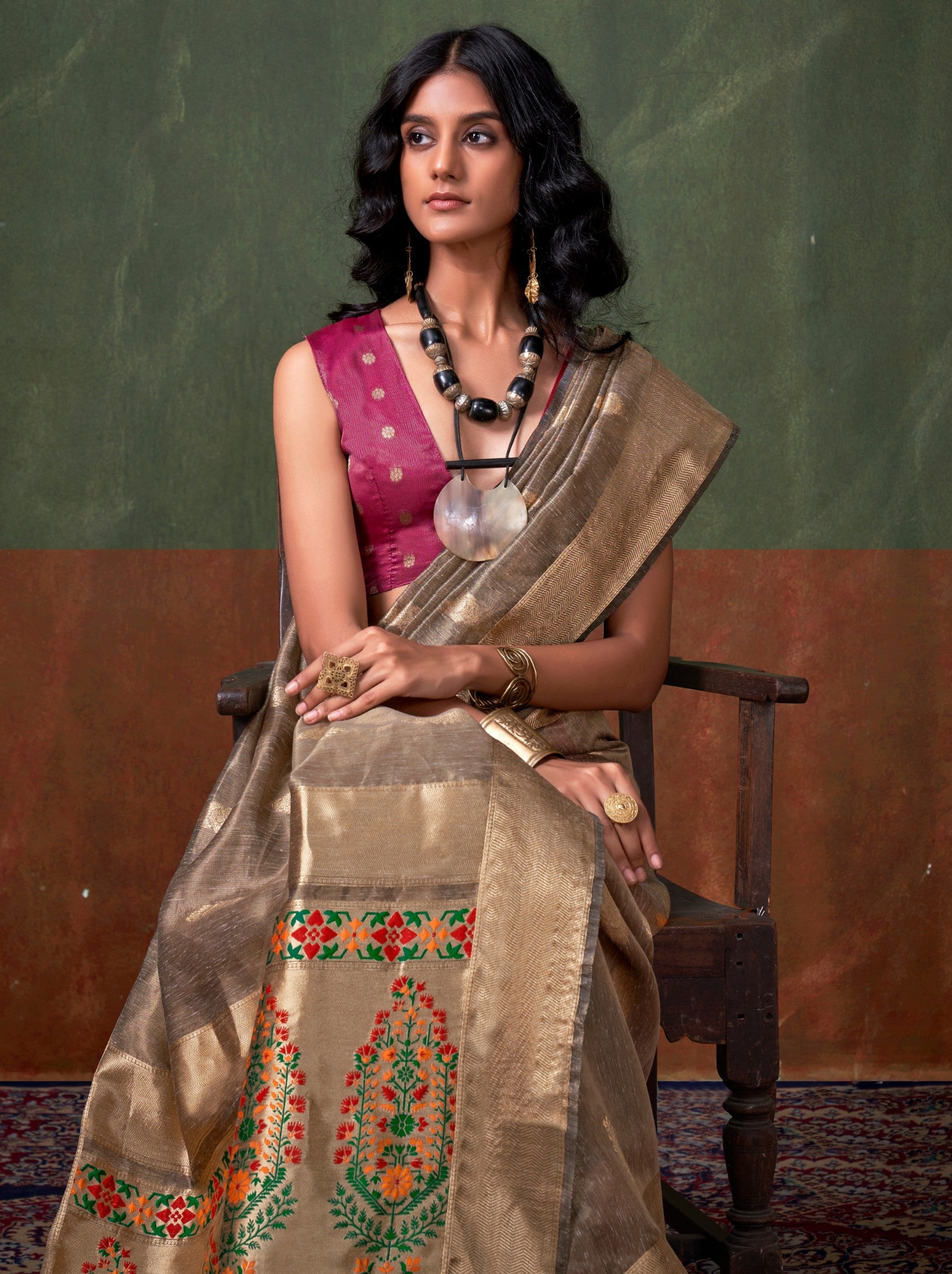 Espresso Brown Paithani Zari Tissue Silk Party Saree - TrendOye