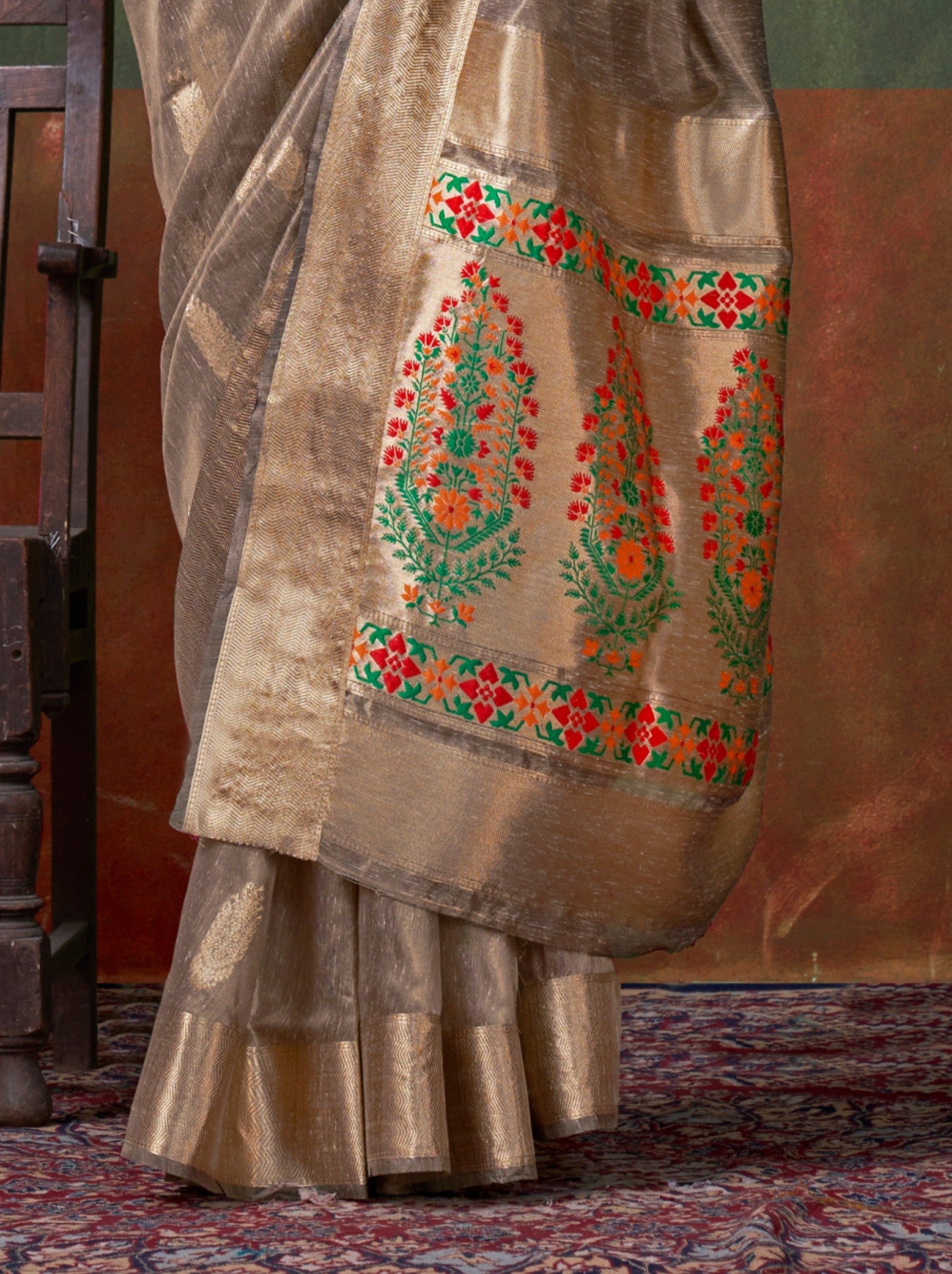 Espresso Brown Paithani Zari Tissue Silk Party Saree - TrendOye