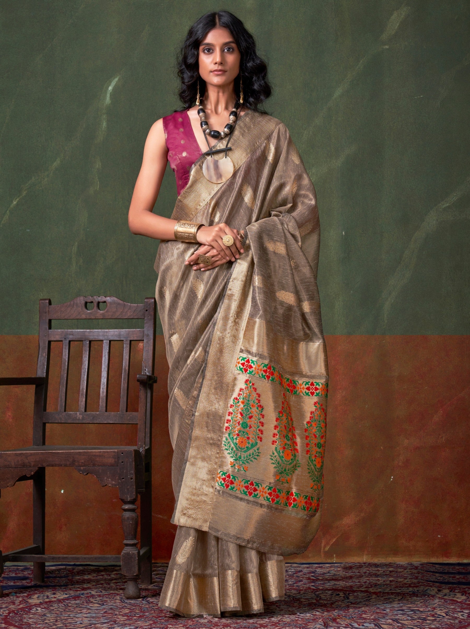 Espresso Brown Paithani Zari Tissue Silk Party Saree - TrendOye
