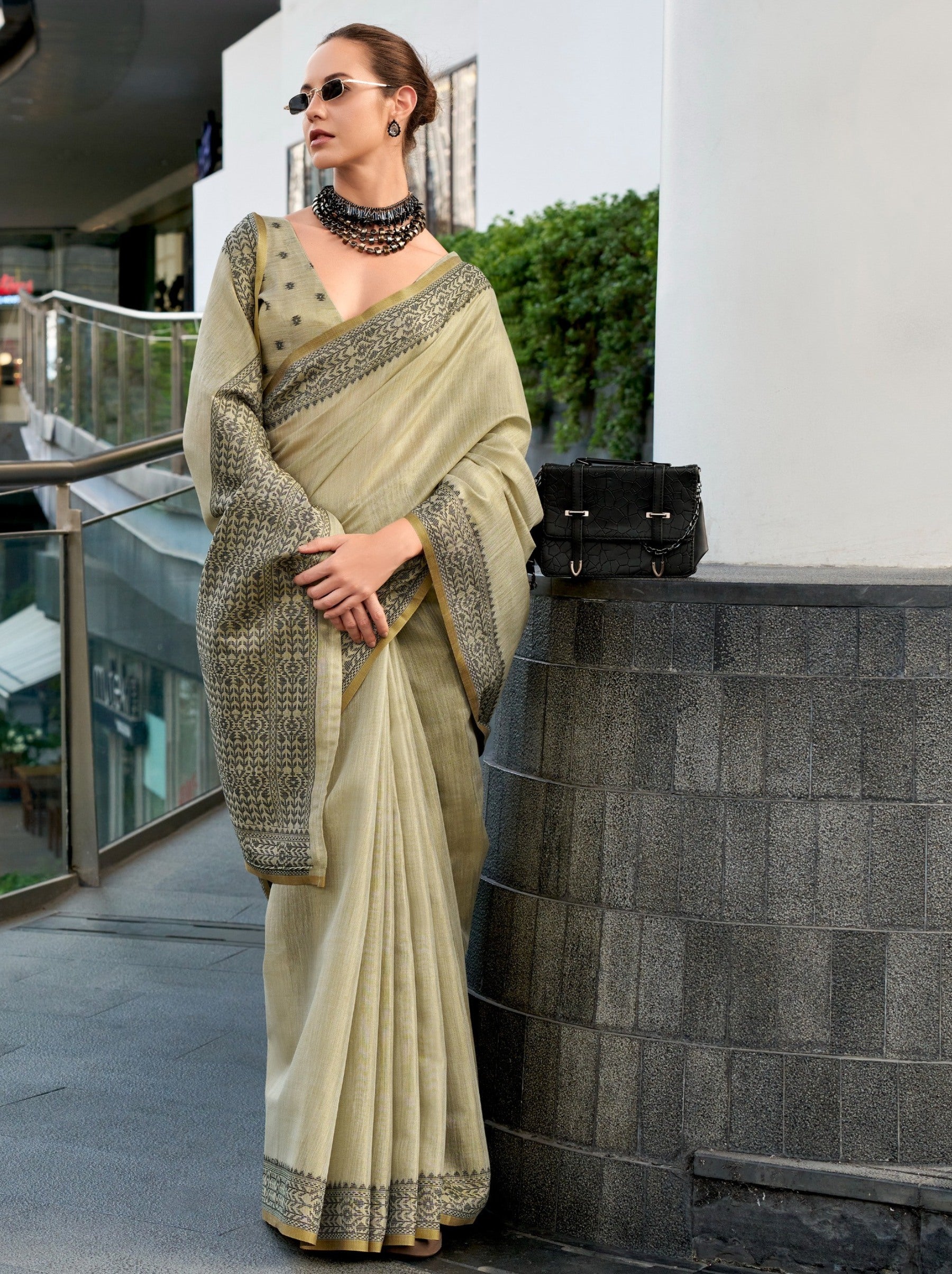 Khaki Brown Premium Linen Tissue Celebration Saree - TrendOye