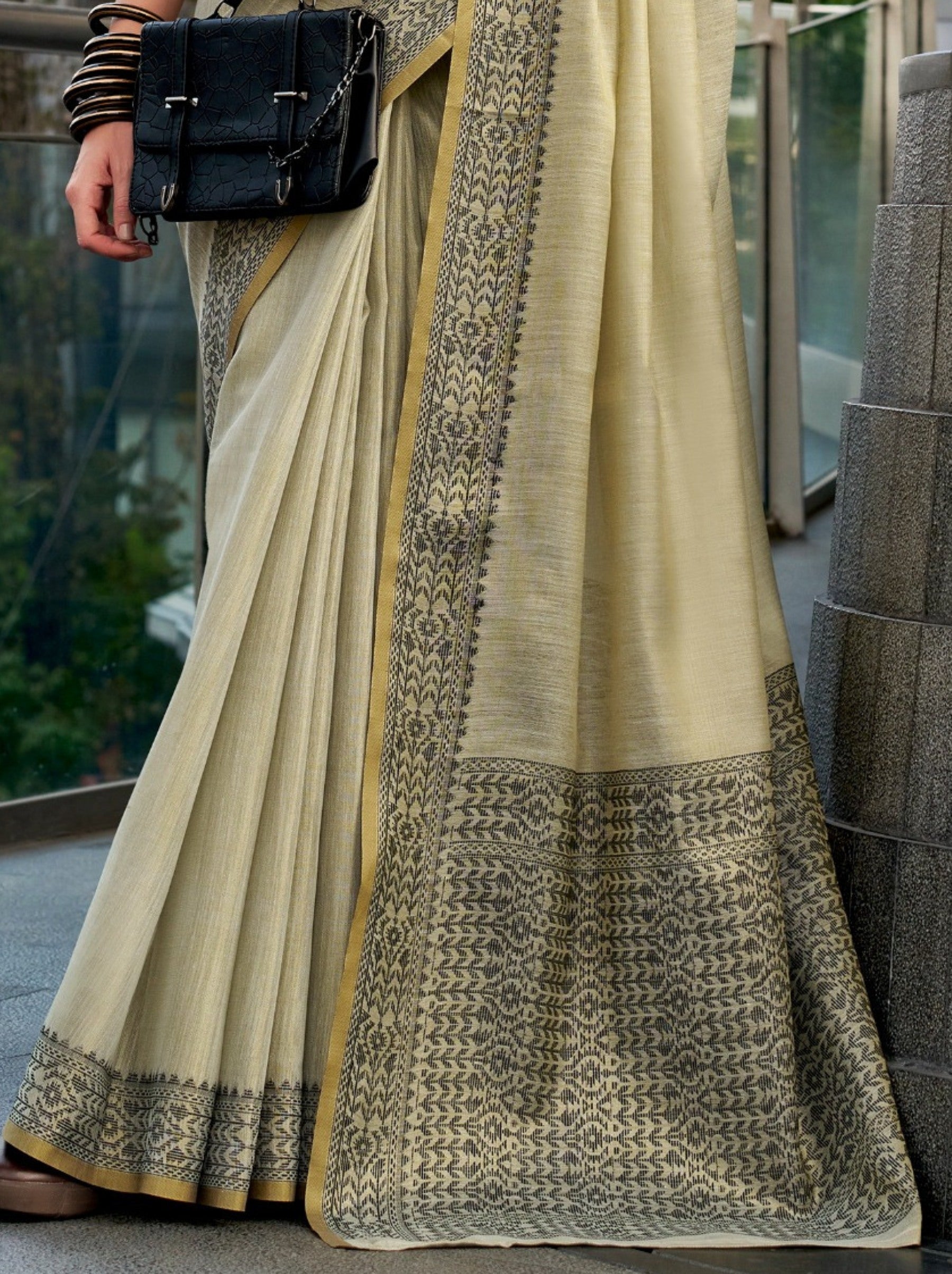 Khaki Brown Premium Linen Tissue Celebration Saree - TrendOye