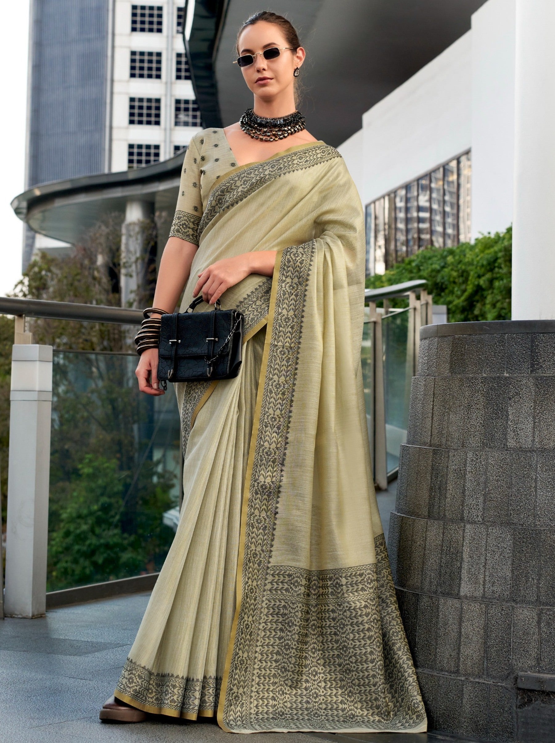 Khaki Brown Premium Linen Tissue Celebration Saree - TrendOye