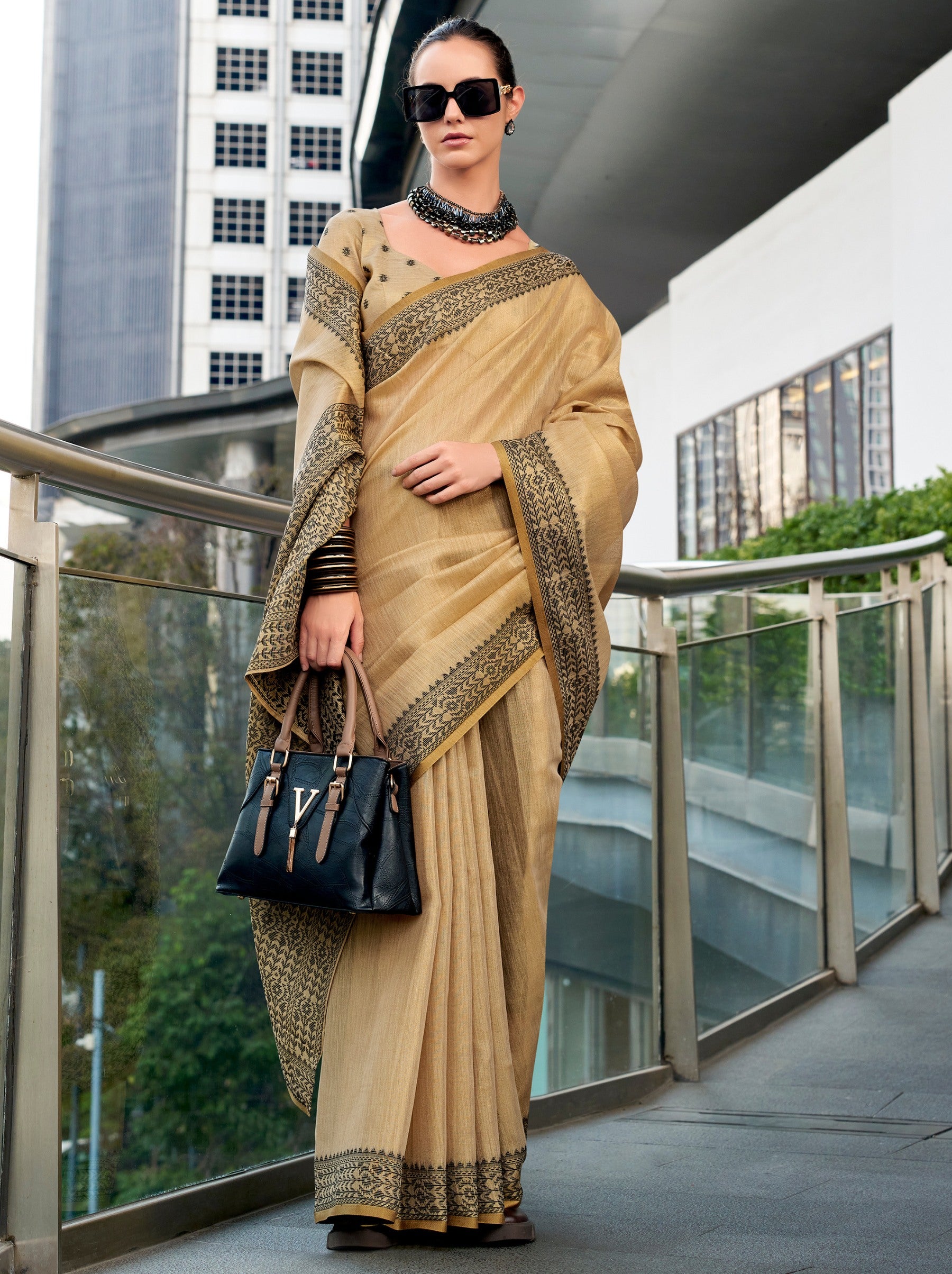 Camel Brown Premium Linen Tissue Celebration Saree - TrendOye
