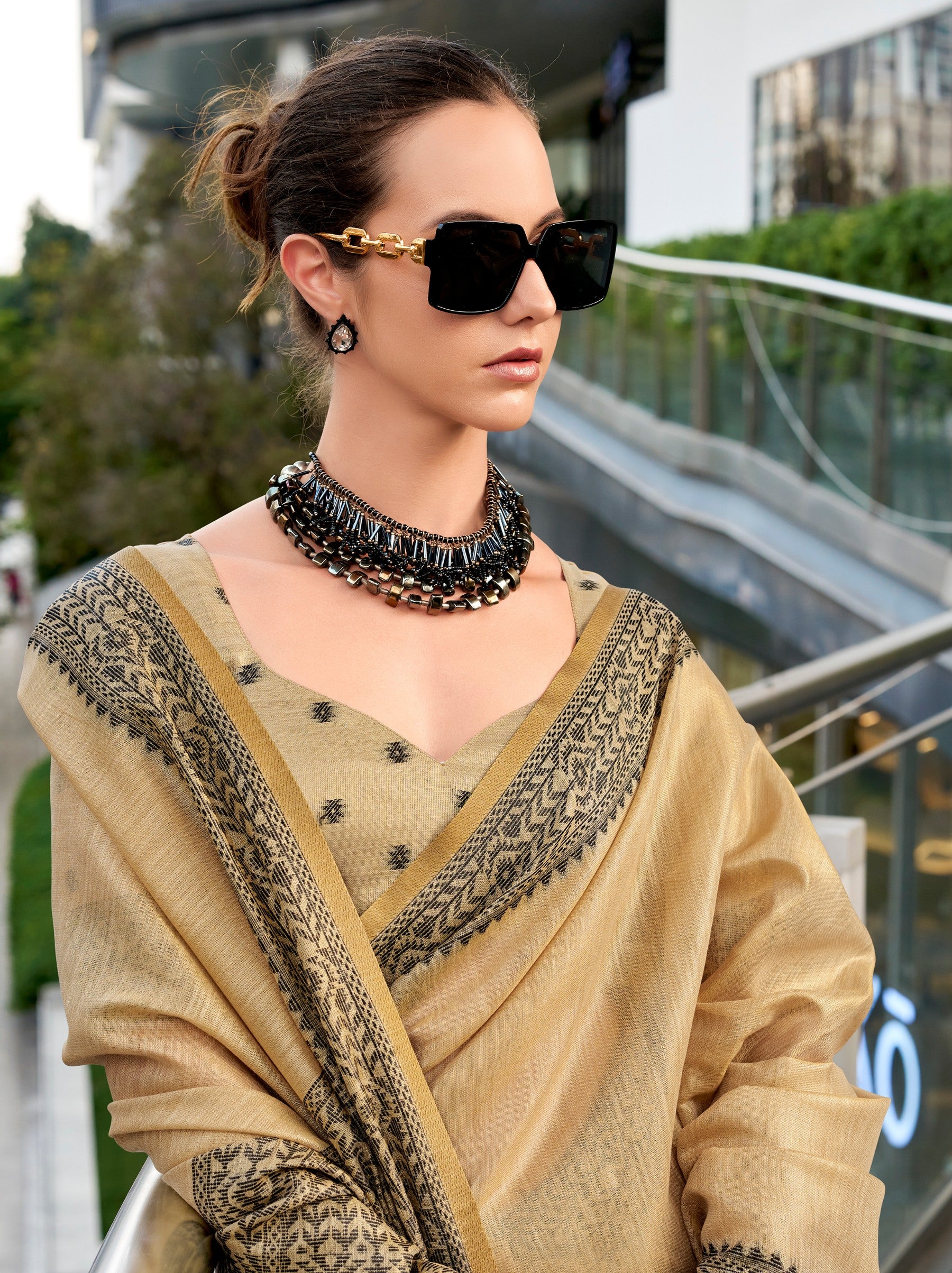 Camel Brown Premium Linen Tissue Celebration Saree - TrendOye