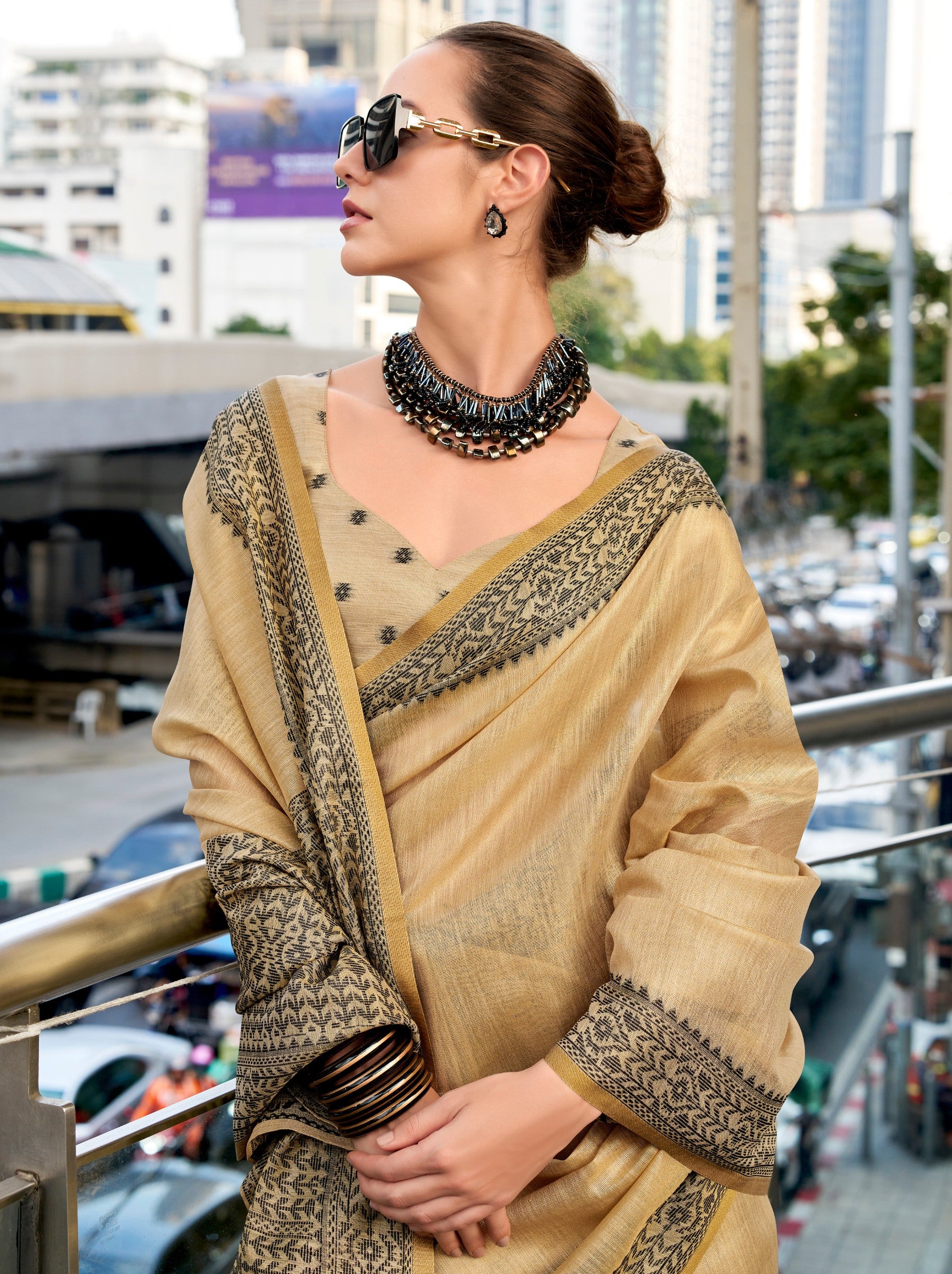 Camel Brown Premium Linen Tissue Celebration Saree - TrendOye