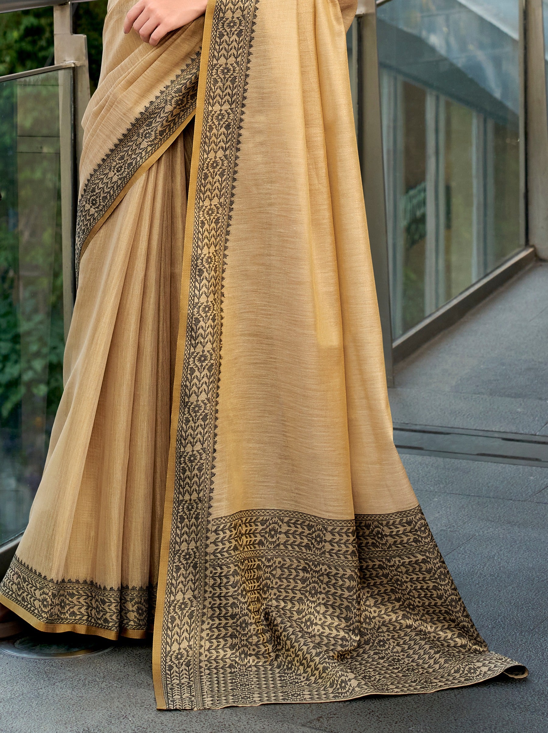 Camel Brown Premium Linen Tissue Celebration Saree - TrendOye