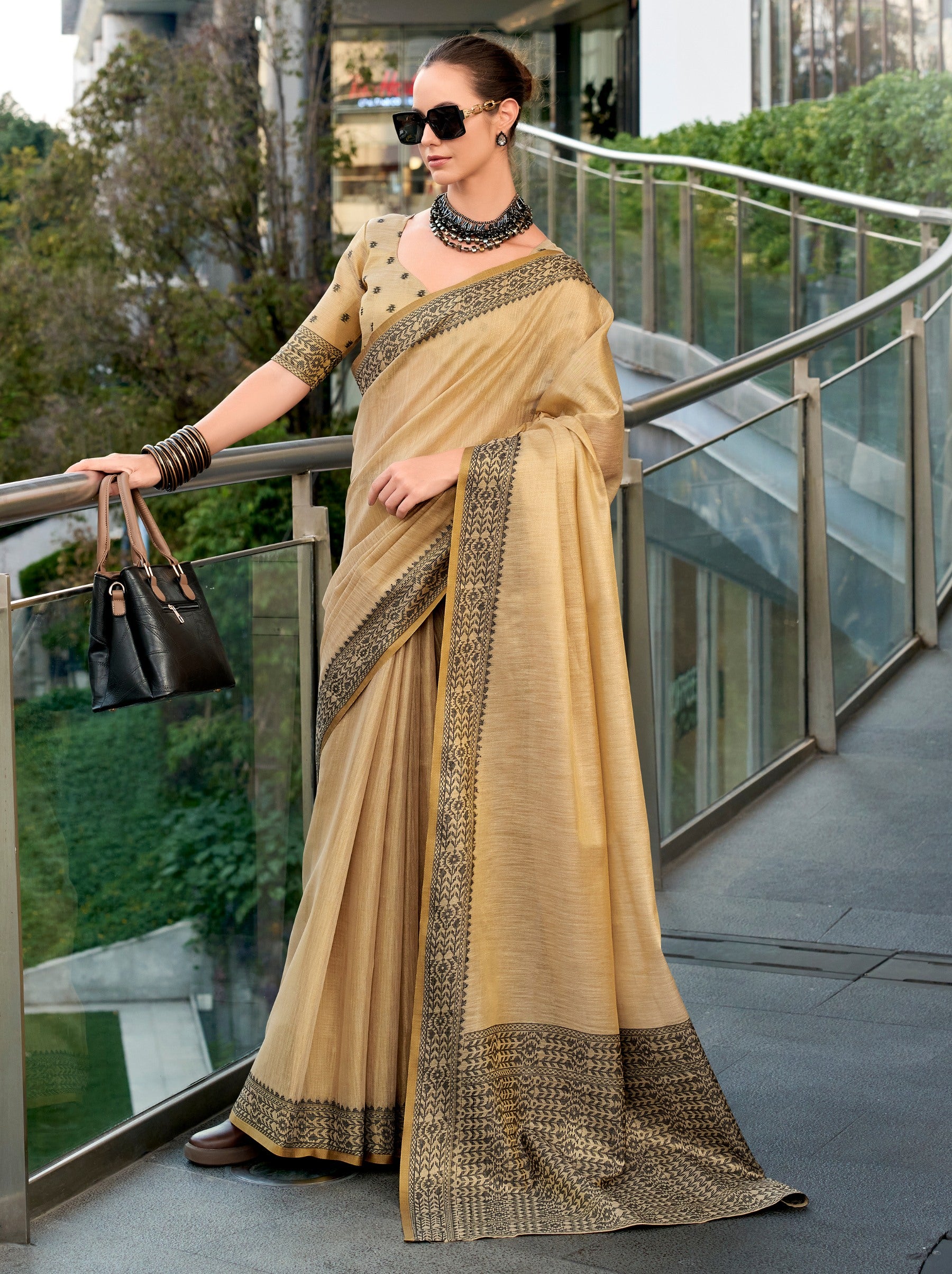 Camel Brown Premium Linen Tissue Celebration Saree - TrendOye