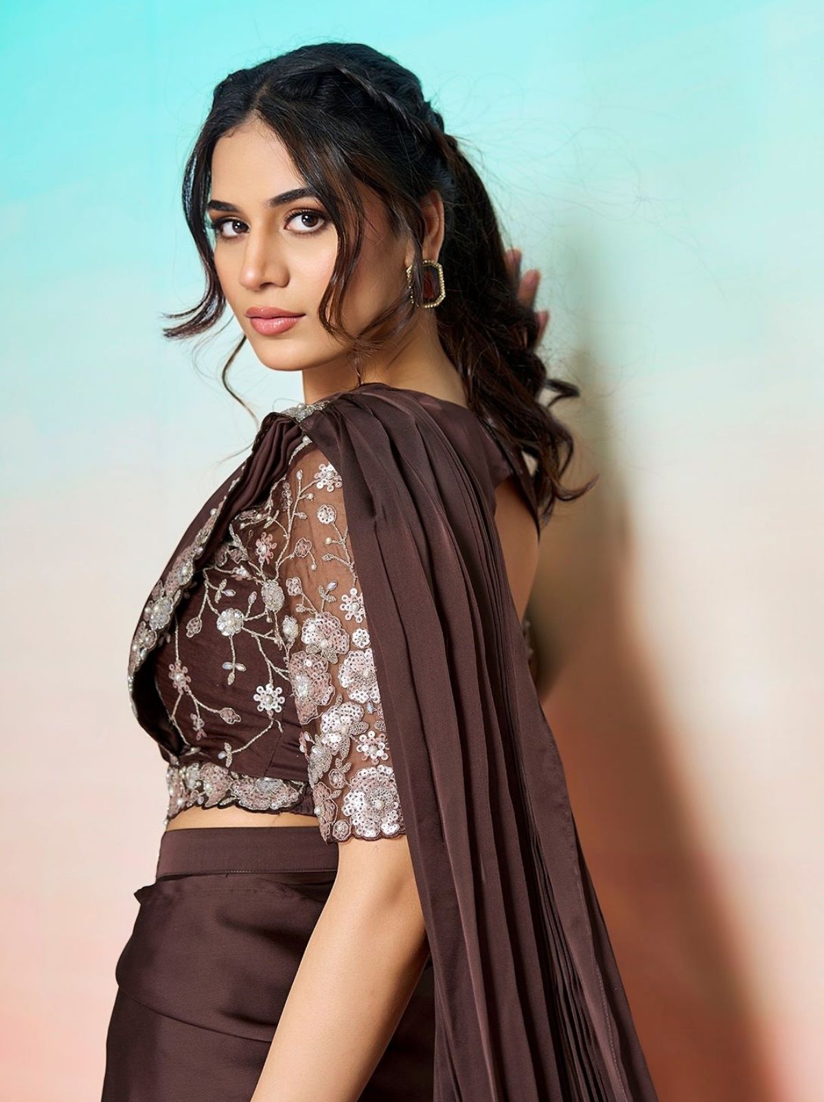 Espresso Brown Premium Satin Silk Ready to Wear Saree with Belt