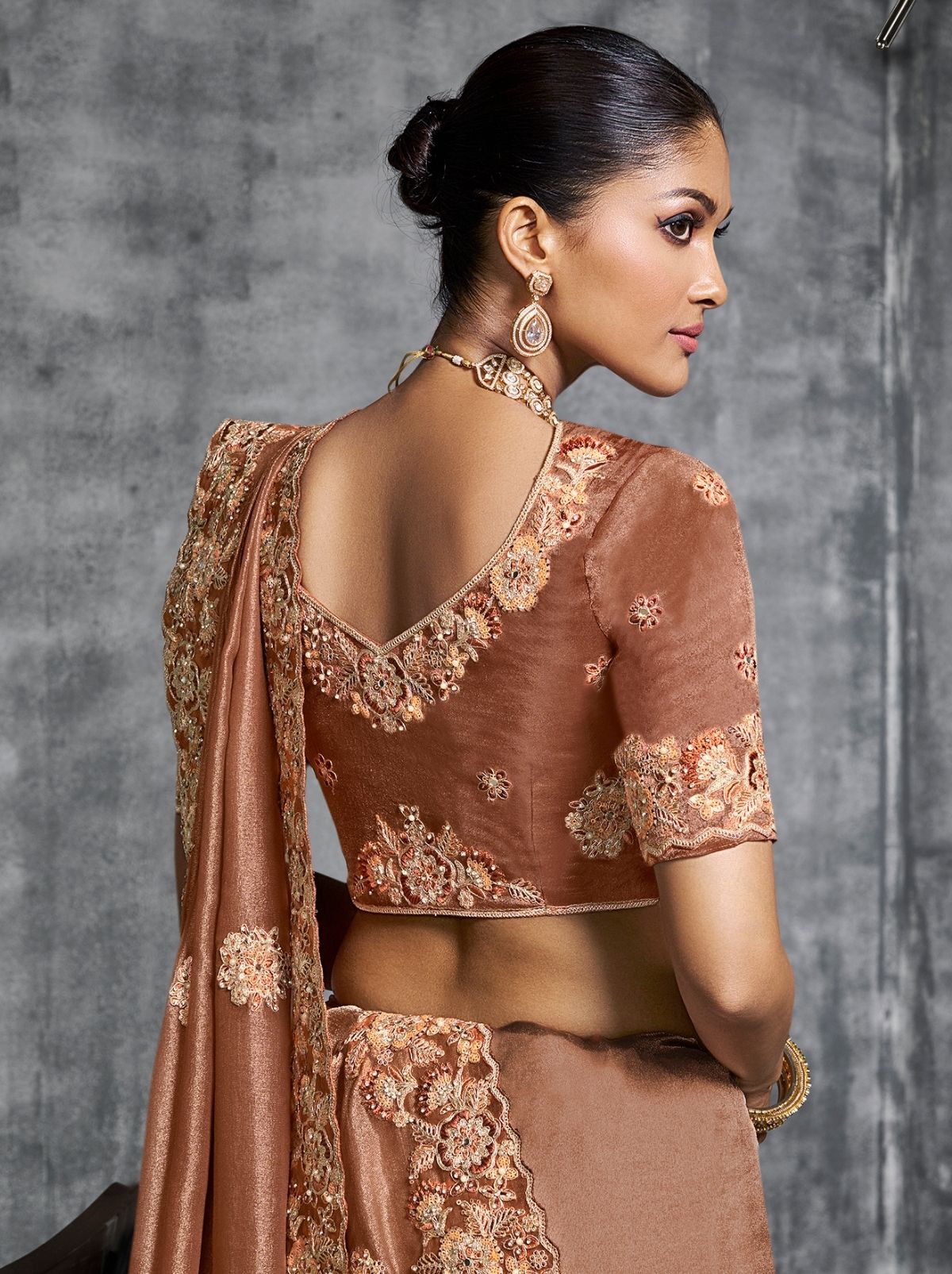 Copper Brown Premium Zari Tissue Silk Saree With Tassels