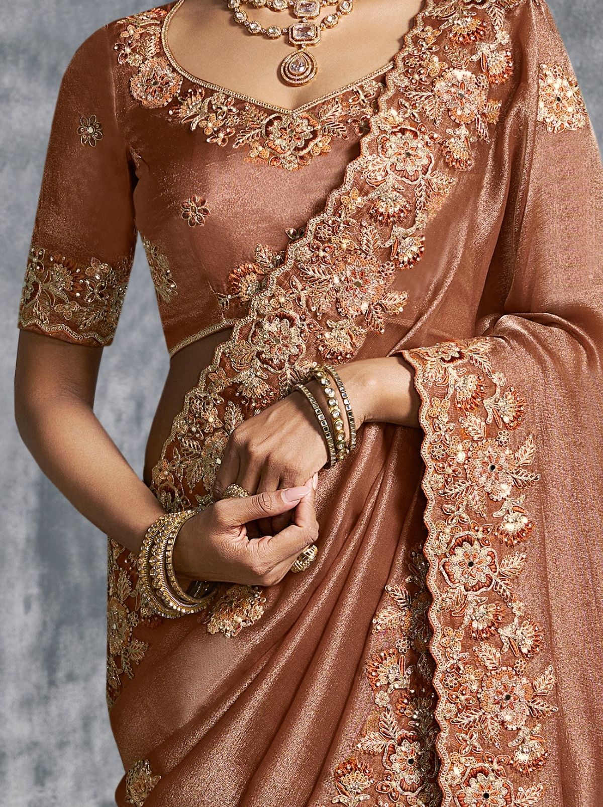 Copper Brown Premium Zari Tissue Silk Saree With Tassels