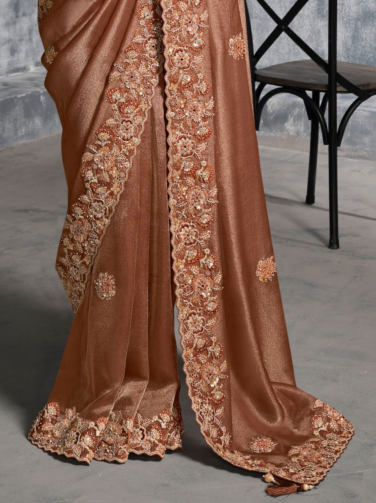Copper Brown Premium Zari Tissue Silk Saree With Tassels