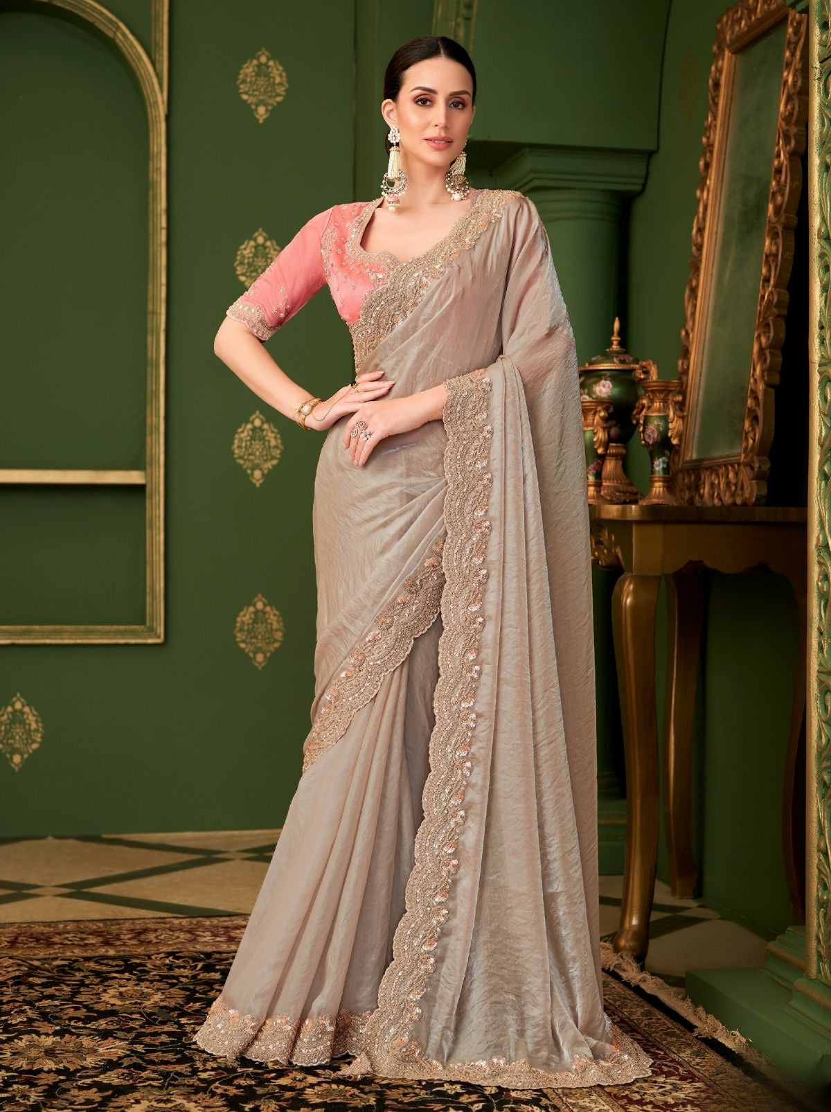 Light Brown Regal Designer Georgette Silk Saree for Brides