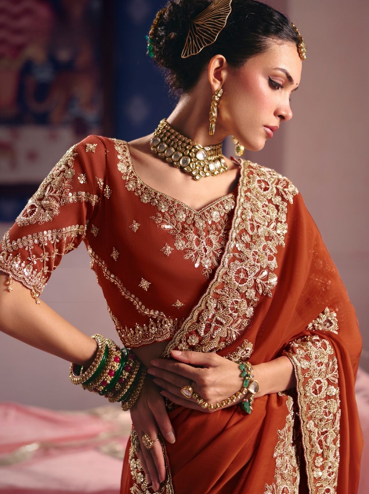 Mahogany Brown Tissue Silk Saree with Couture Beadwork & Zari Detailing