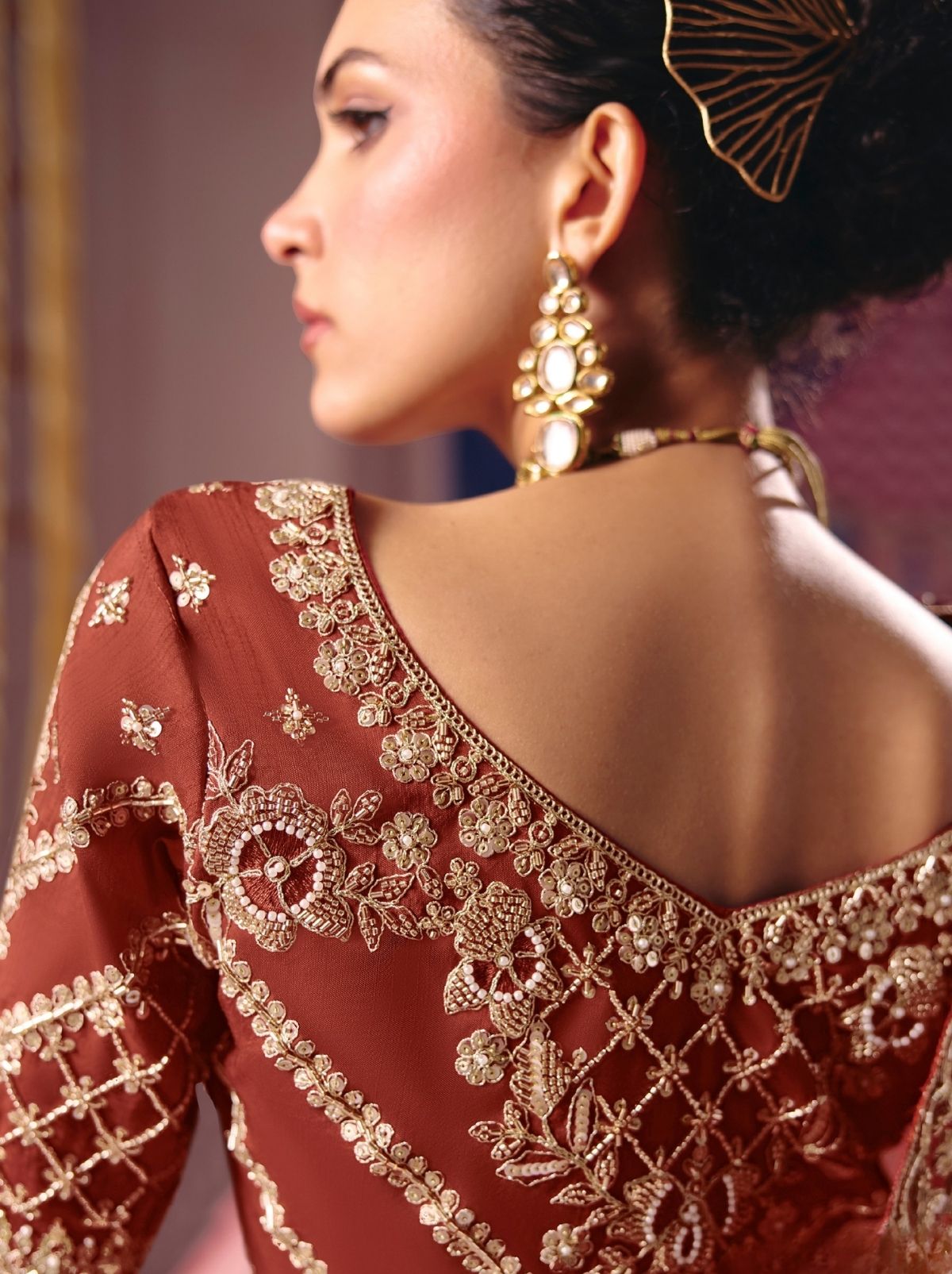 Mahogany Brown Tissue Silk Saree with Couture Beadwork & Zari Detailing