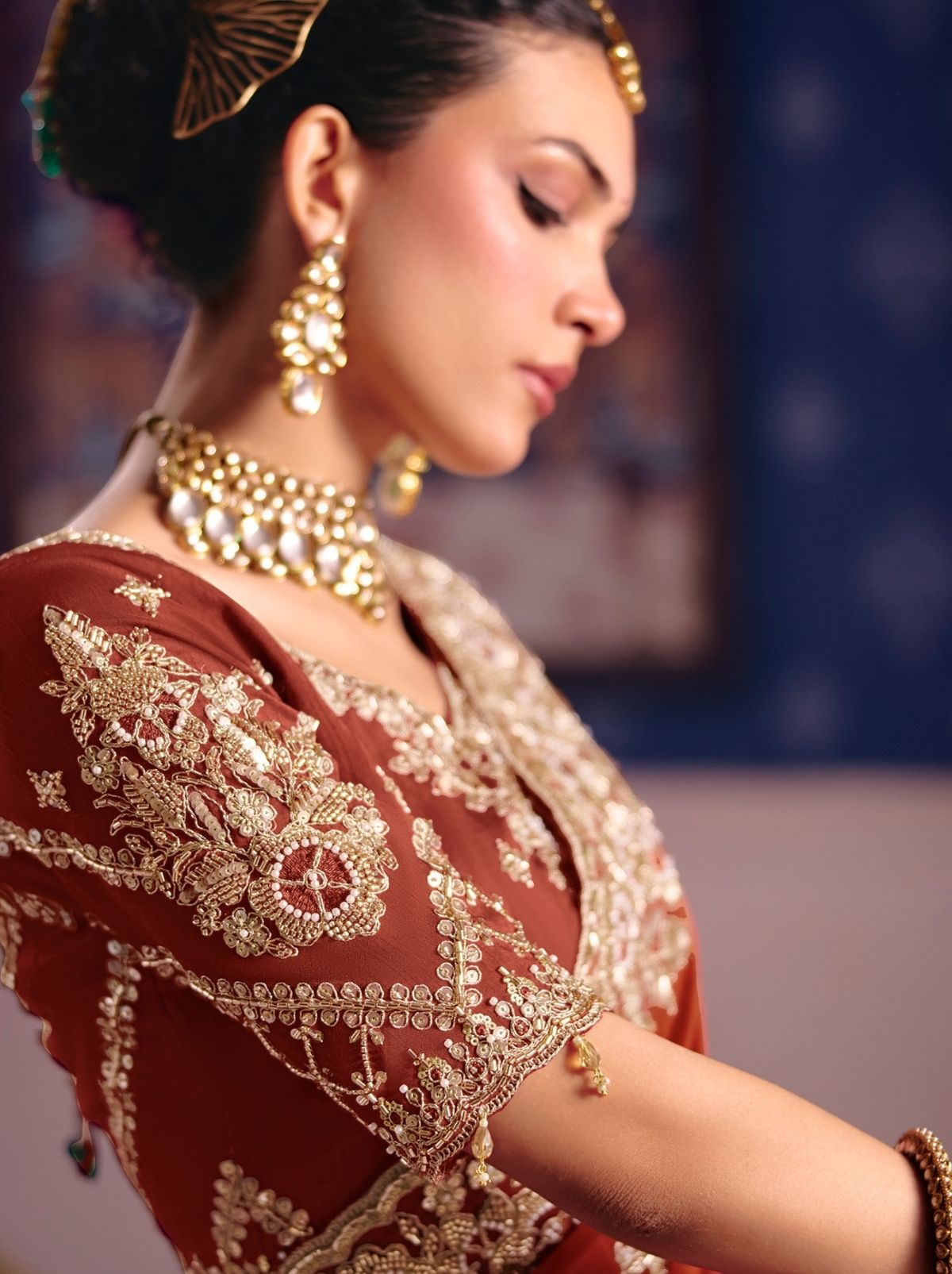 Mahogany Brown Tissue Silk Saree with Couture Beadwork & Zari Detailing