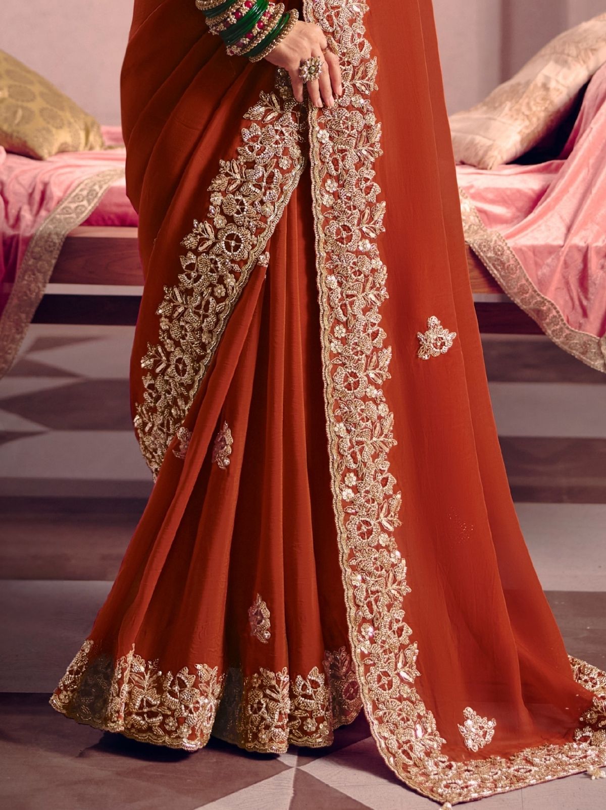 Mahogany Brown Tissue Silk Saree with Couture Beadwork & Zari Detailing