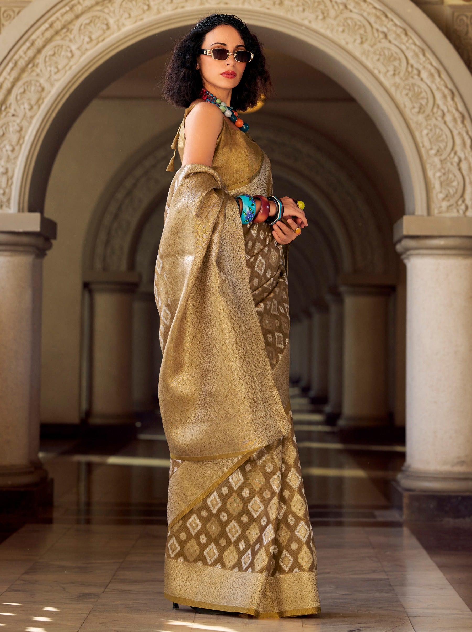 Tawny Brown Premium Tissue Silk Festive Saree - TrendOye