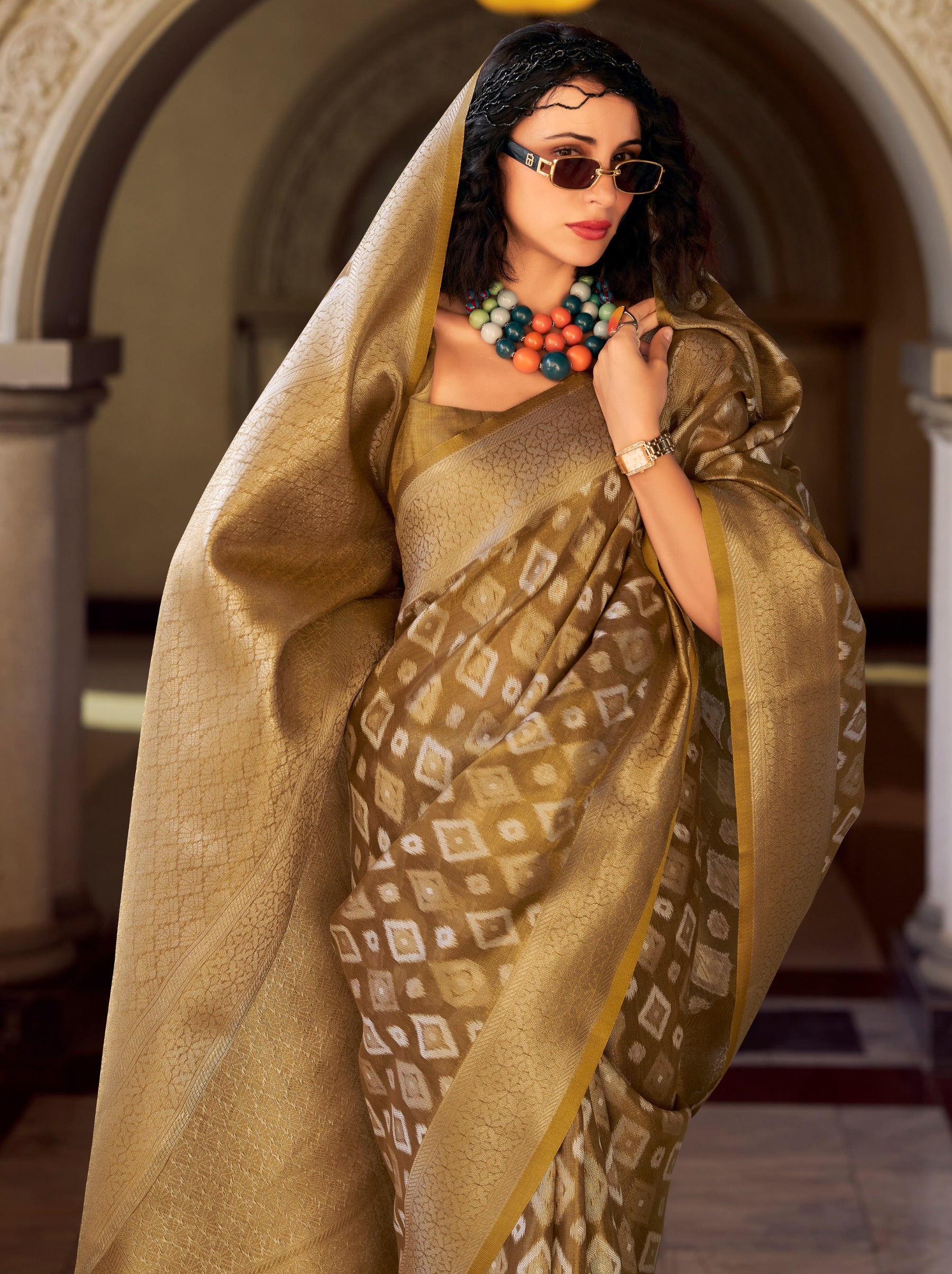Tawny Brown Premium Tissue Silk Festive Saree - TrendOye
