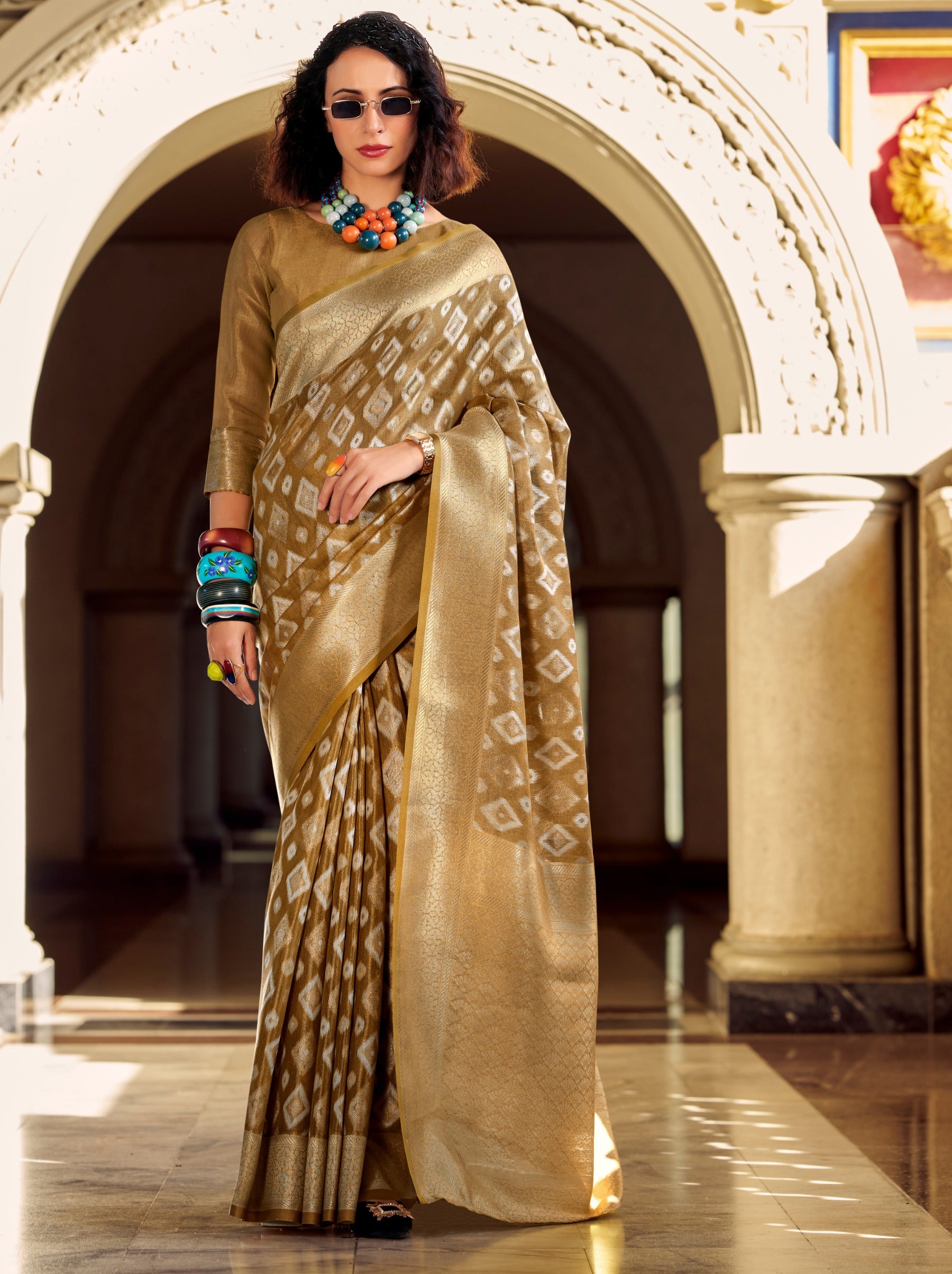 Tawny Brown Premium Tissue Silk Festive Saree - TrendOye