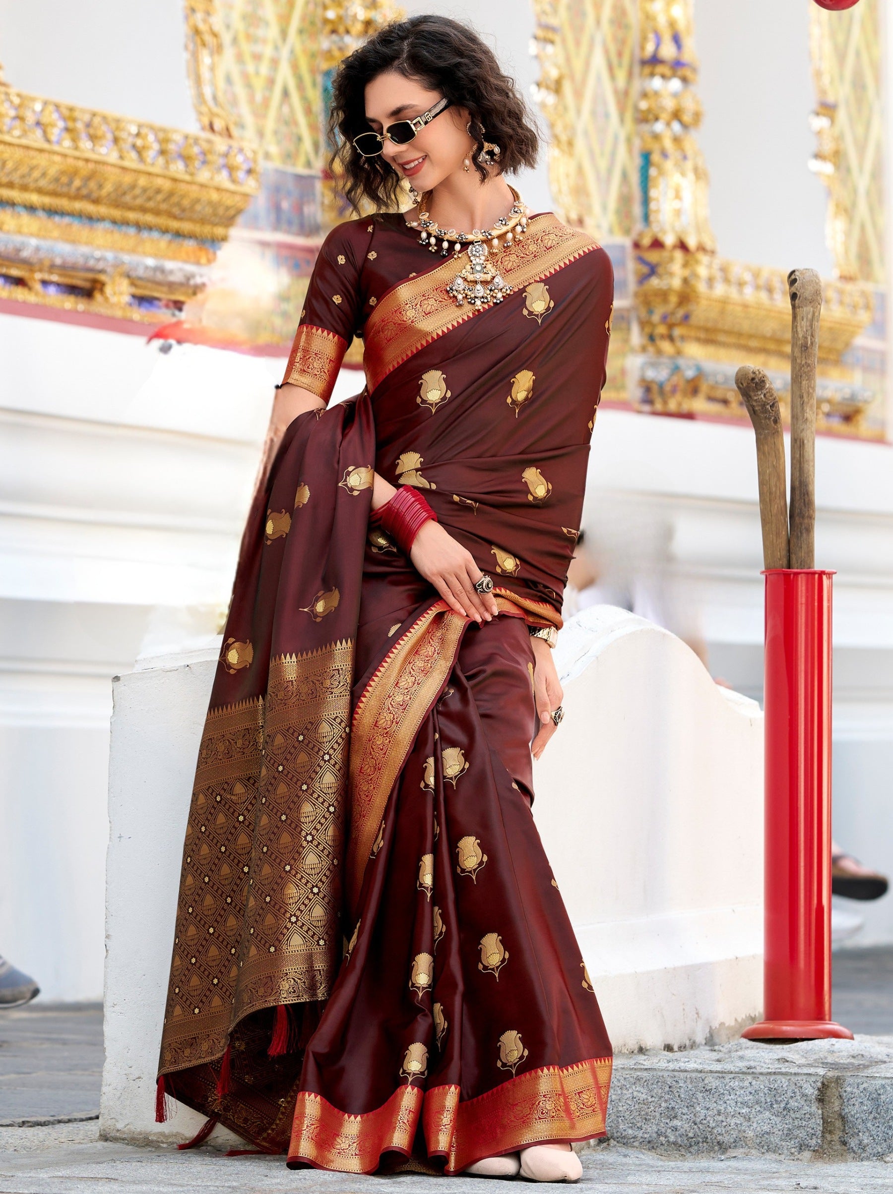 Deep Brown Celebration Saree - TrendOye