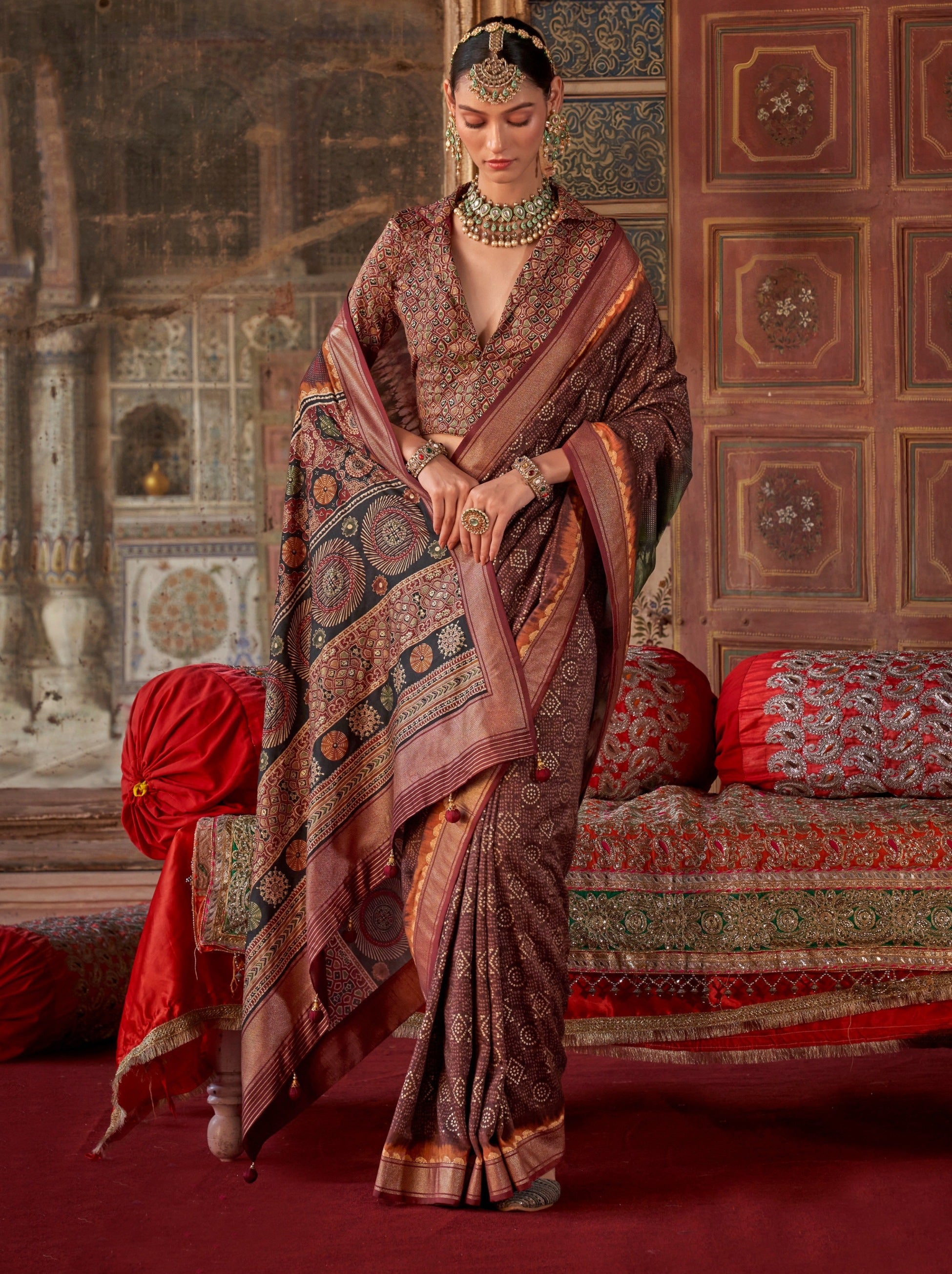 Hickory Brown Fancy Silk Celebration Saree - TrendOye