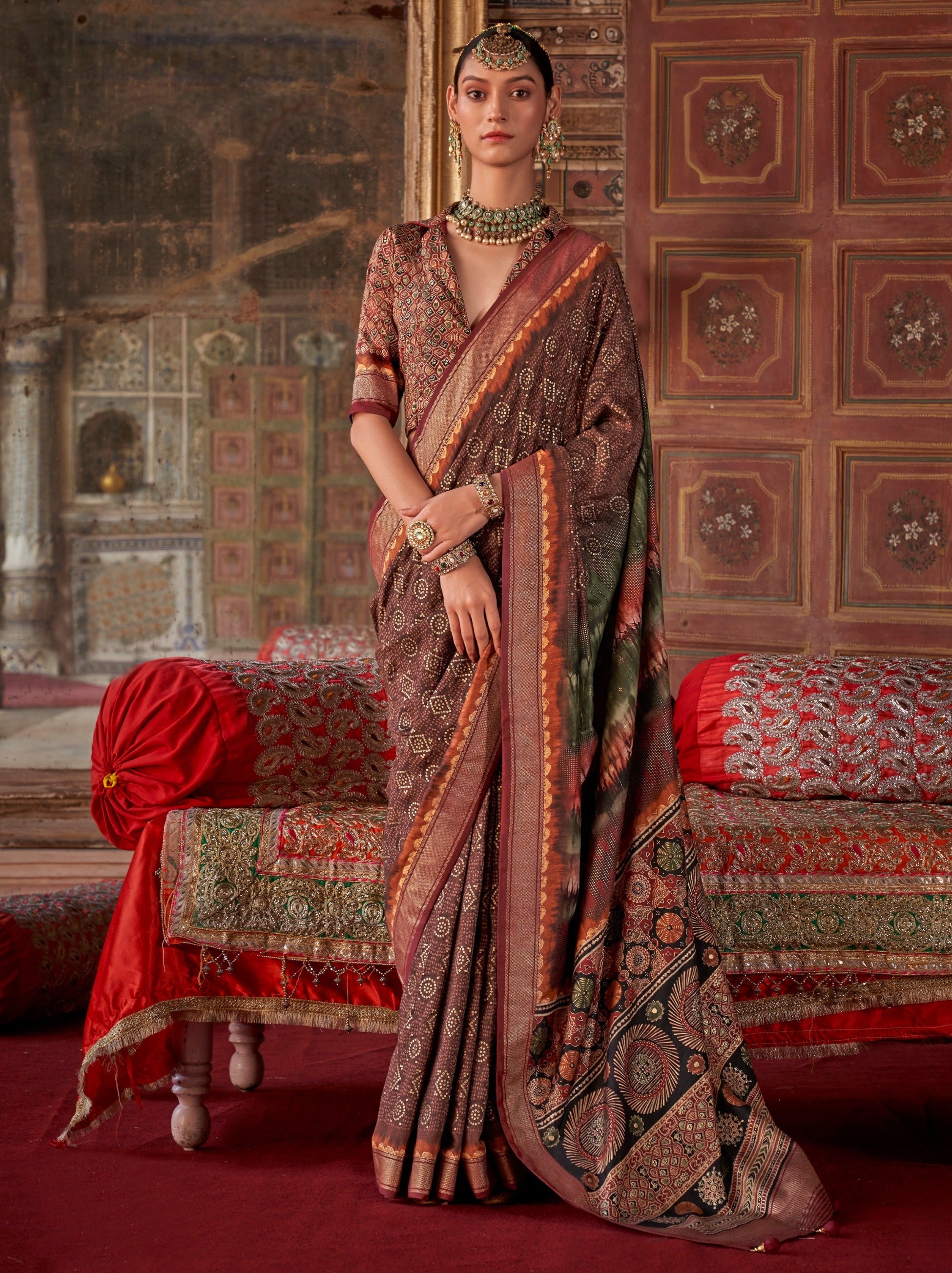 Hickory Brown Fancy Silk Celebration Saree - TrendOye