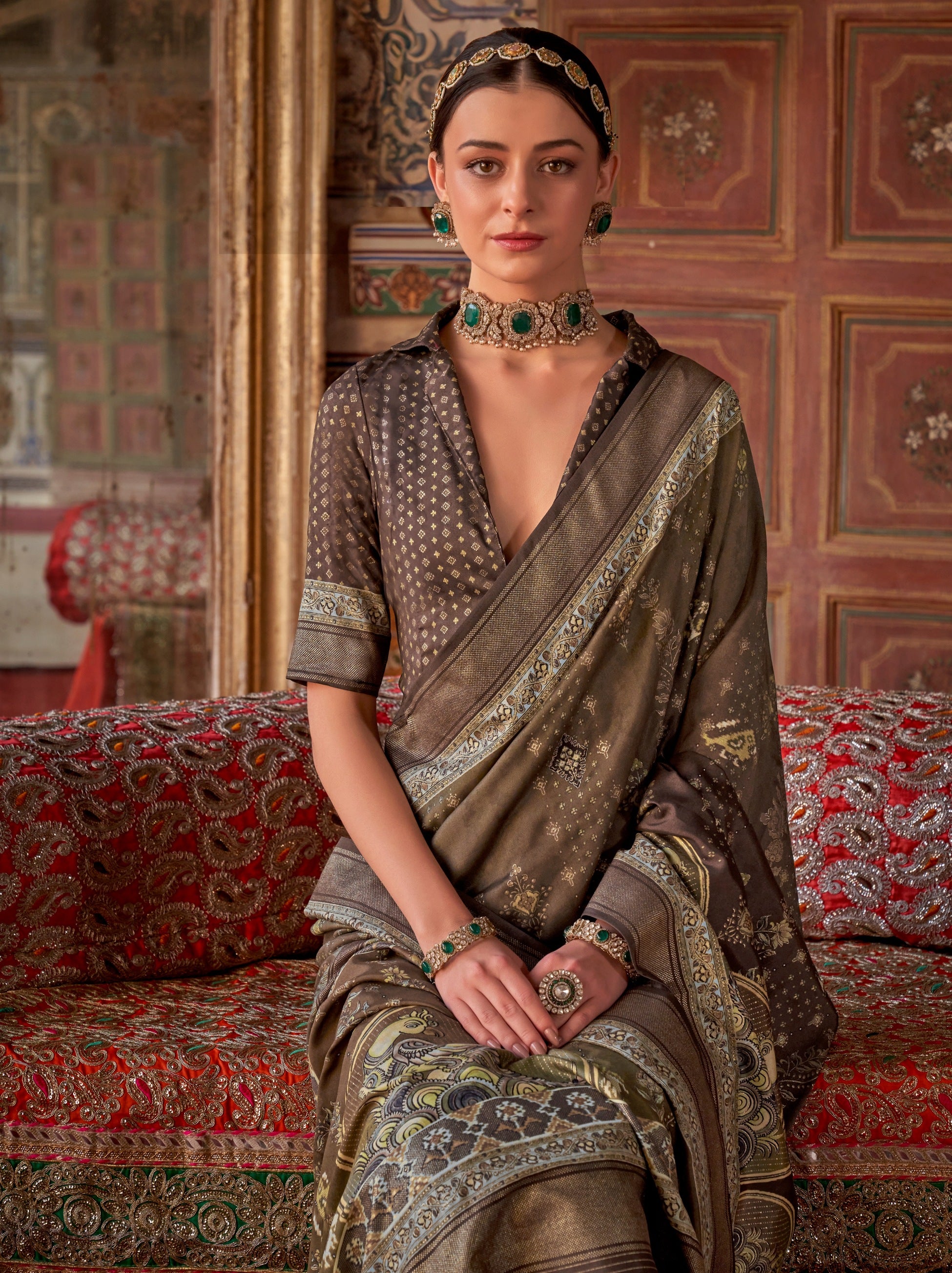 Espresso Brown Fancy Silk Celebration Saree - TrendOye
