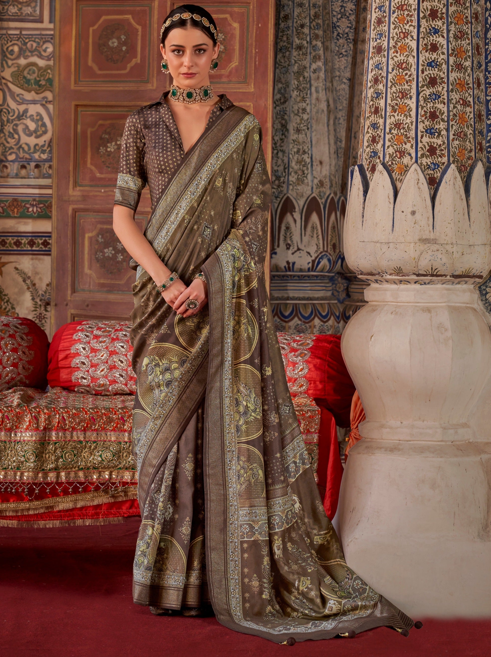 Espresso Brown Fancy Silk Celebration Saree - TrendOye