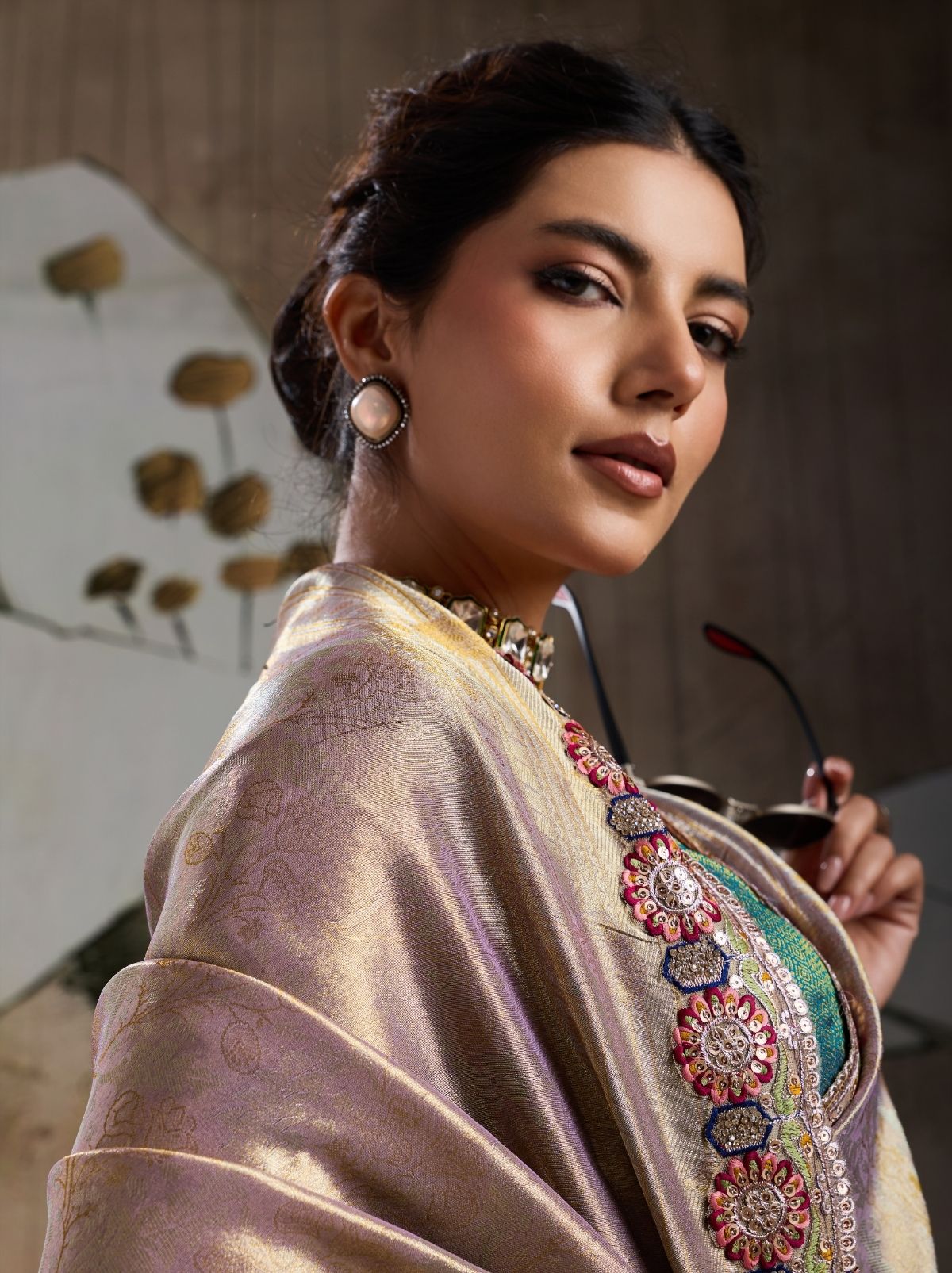 Metallic Cream Banarasi Silk Celebration Saree With Blouse Piece