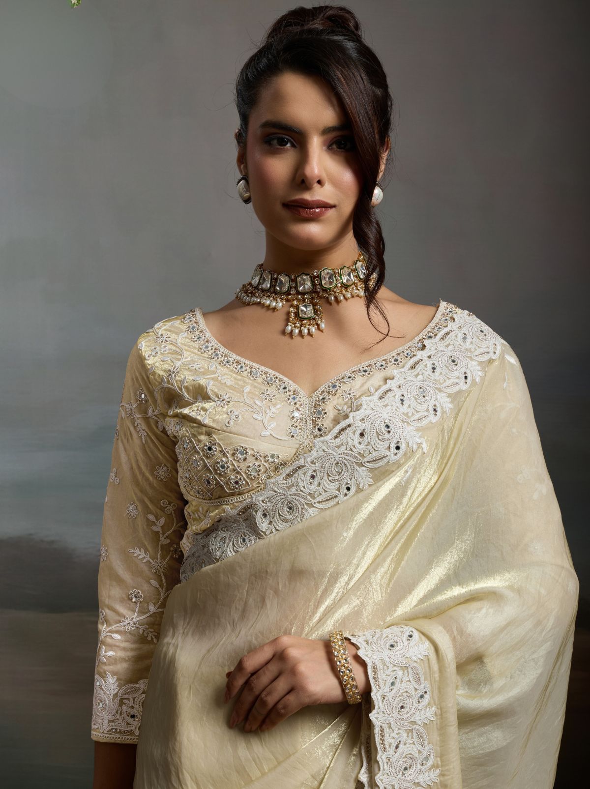 Cream Designer Satin Velvet Silk Saree With Mirror Work