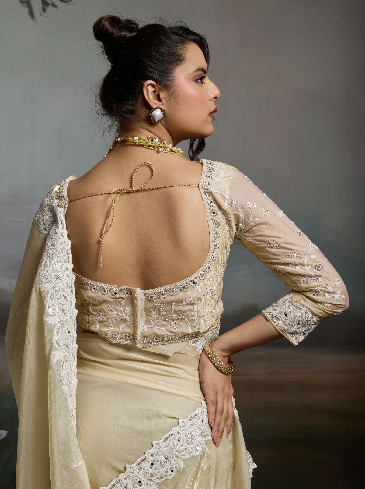 Cream Designer Satin Velvet Silk Saree With Mirror Work
