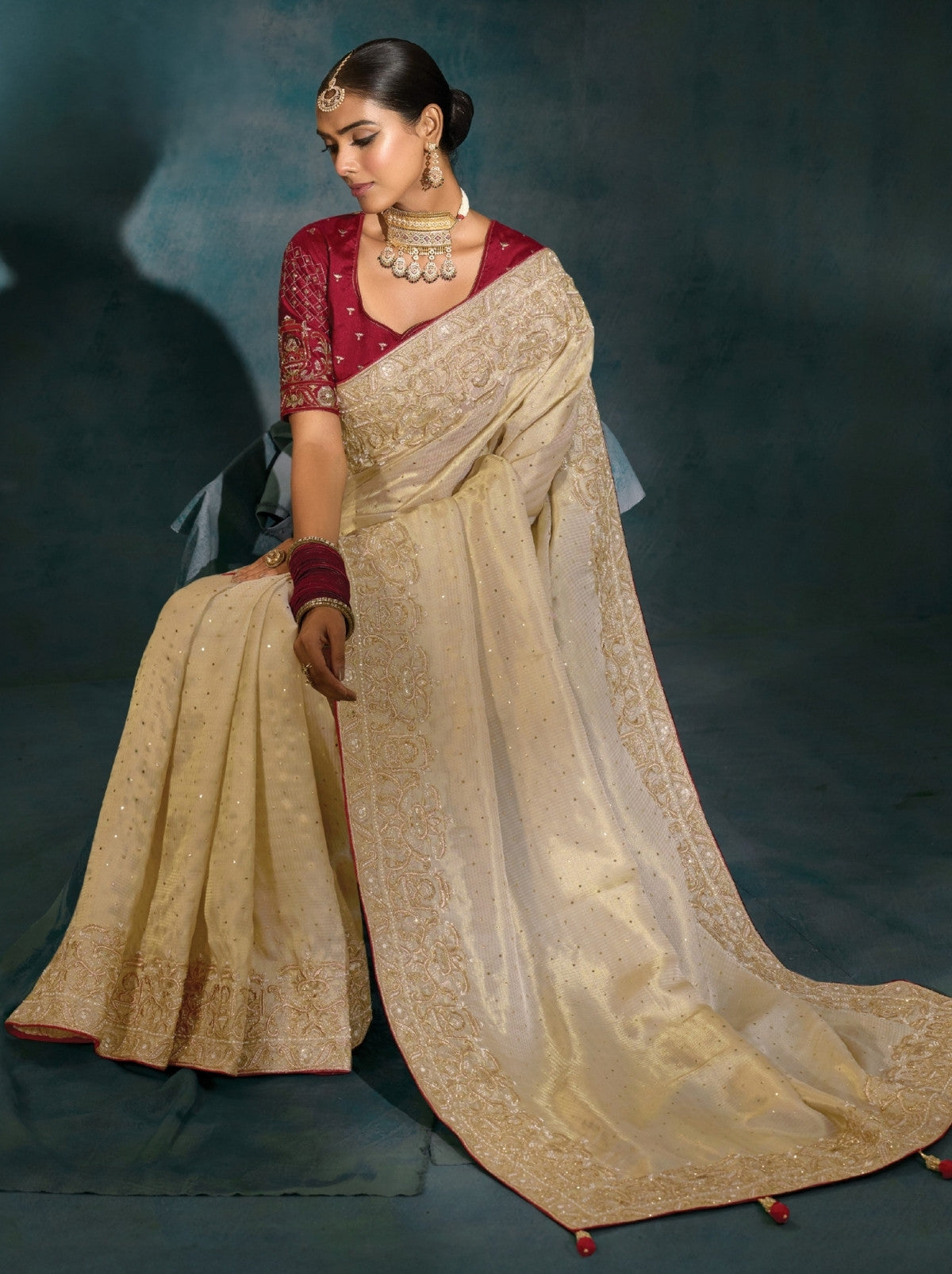 Cream Wedding Designer Soft Silk Saree With Blouse Piece