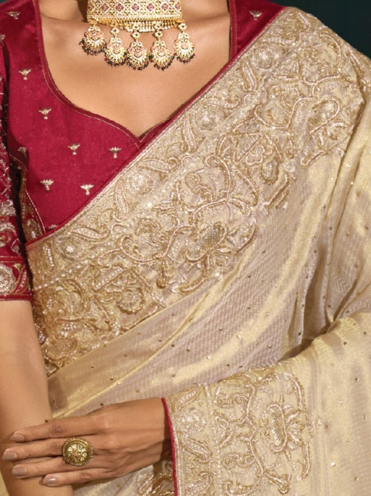 Cream Wedding Designer Soft Silk Saree With Blouse Piece