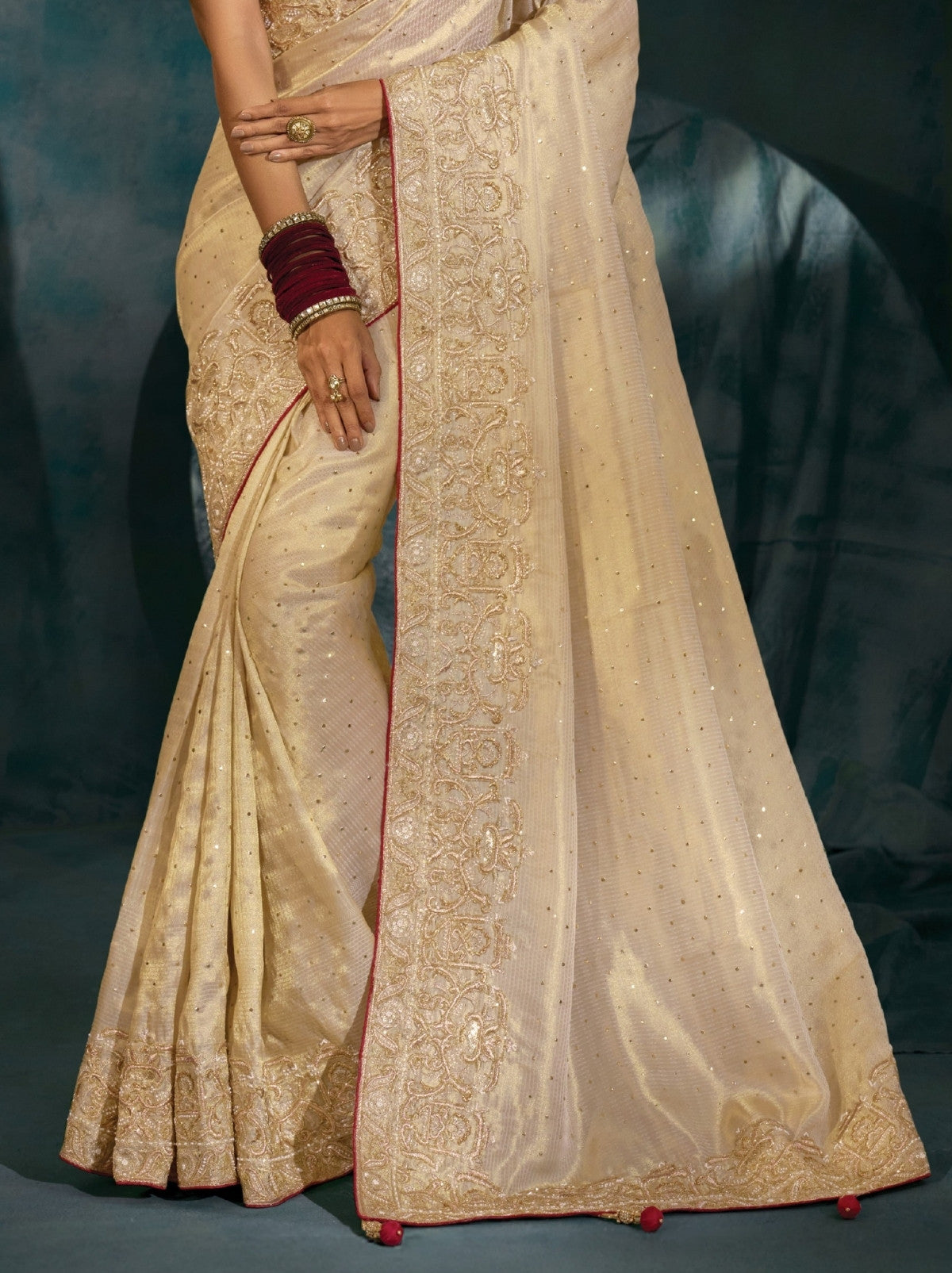 Cream Wedding Designer Soft Silk Saree With Blouse Piece