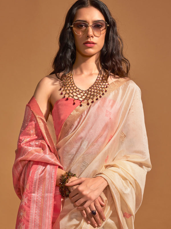 Cream Designer  Silk Blended Saree - TrendOye
