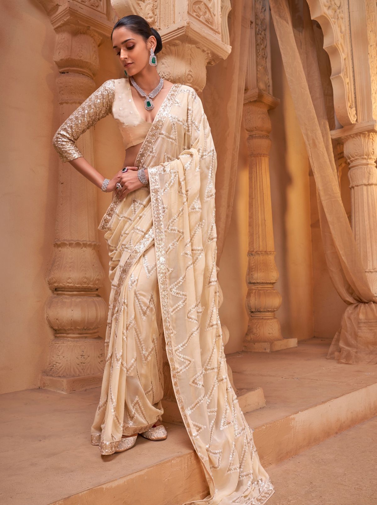 Cream Luxury Georgette Silk Saree With Sequin & Thread Work