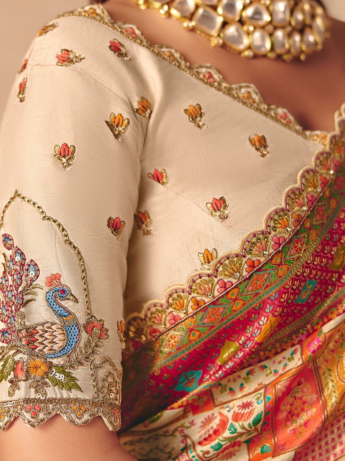 Cream Premium Dola Silk Embroidered Designer Saree