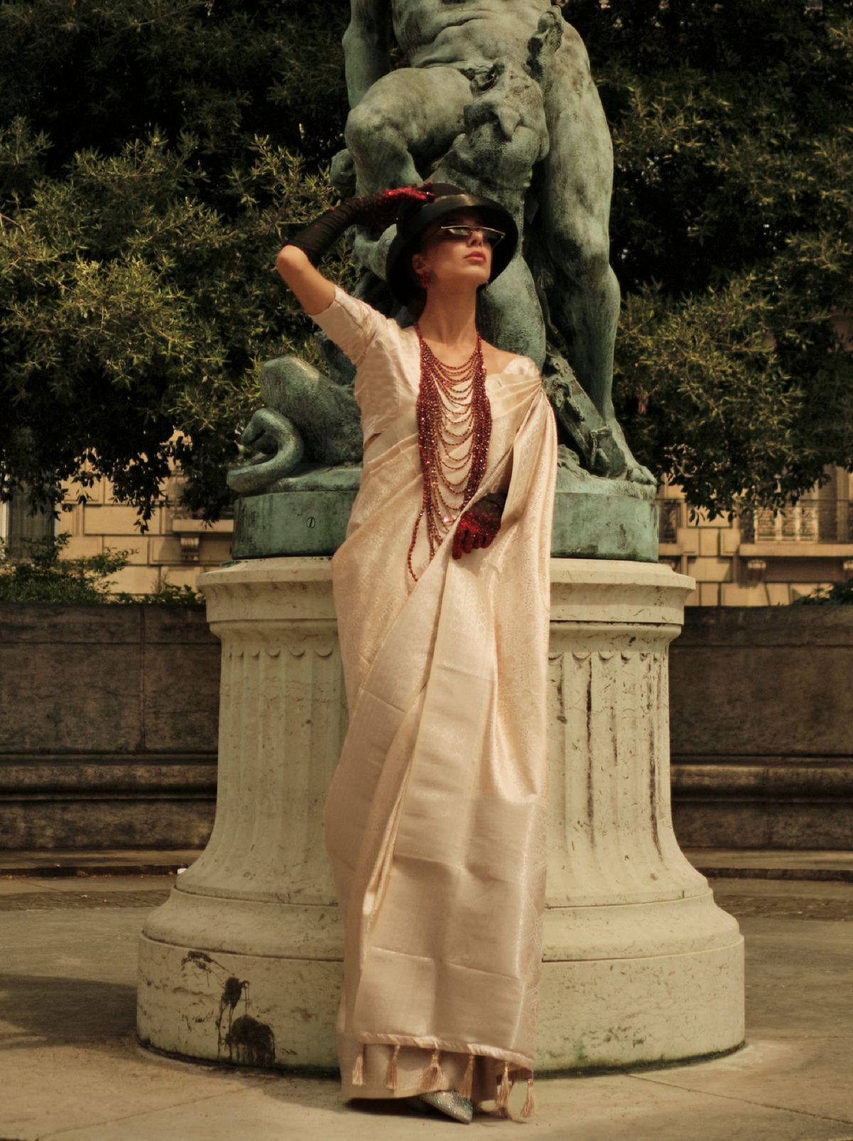 Cream Fine Satin Silk Party Saree - TrendOye